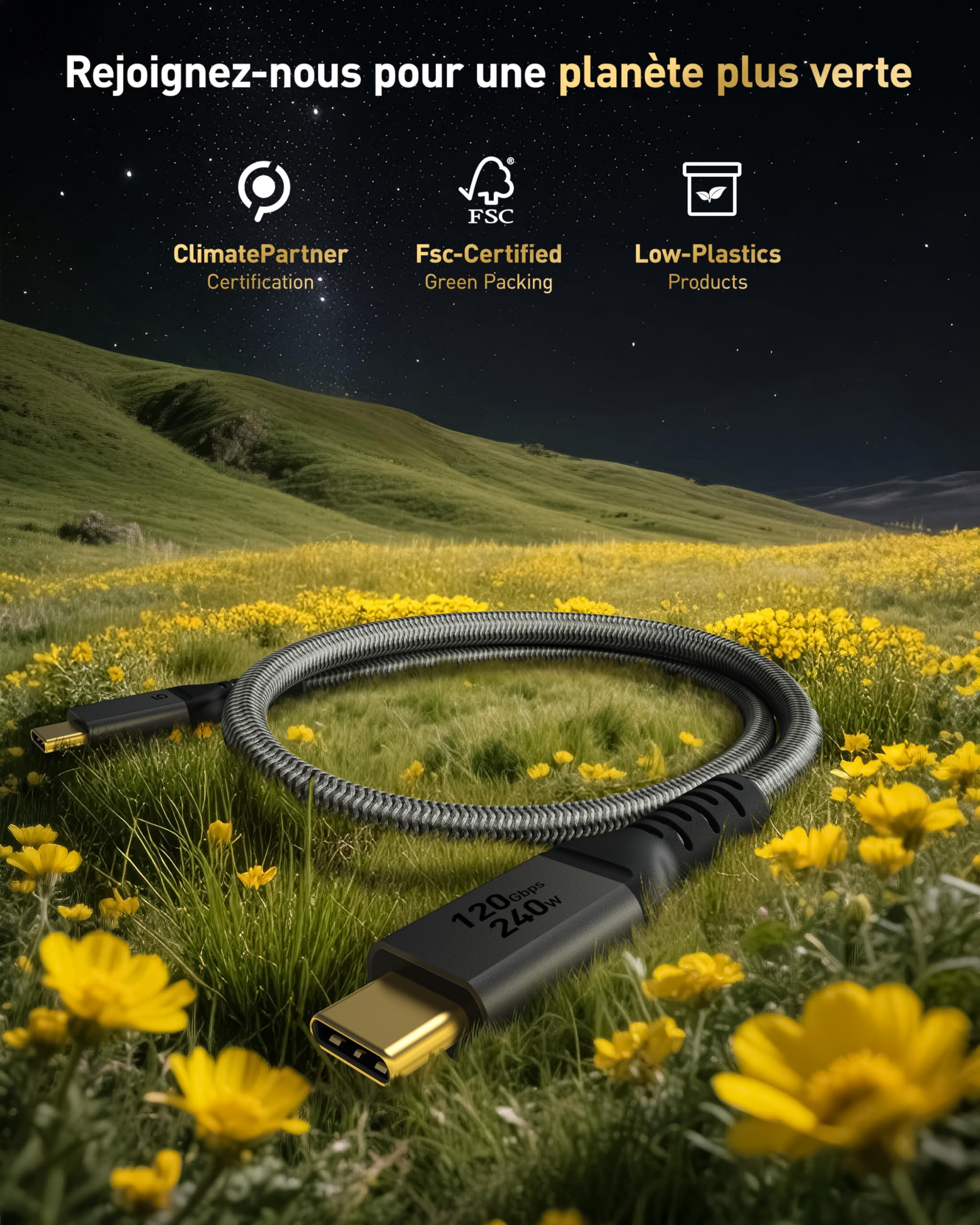 Maxonar Câble Thunderbolt 5 1,2 m 80 Gbit/s,bande passante jusqu'à 120 Gbit/s pour une charge 16K/Dual 8K et 240W,Compatible avec Thunderbolt 4/3, MacBook M4 Pro,USB 4 et autres périphériques USB C