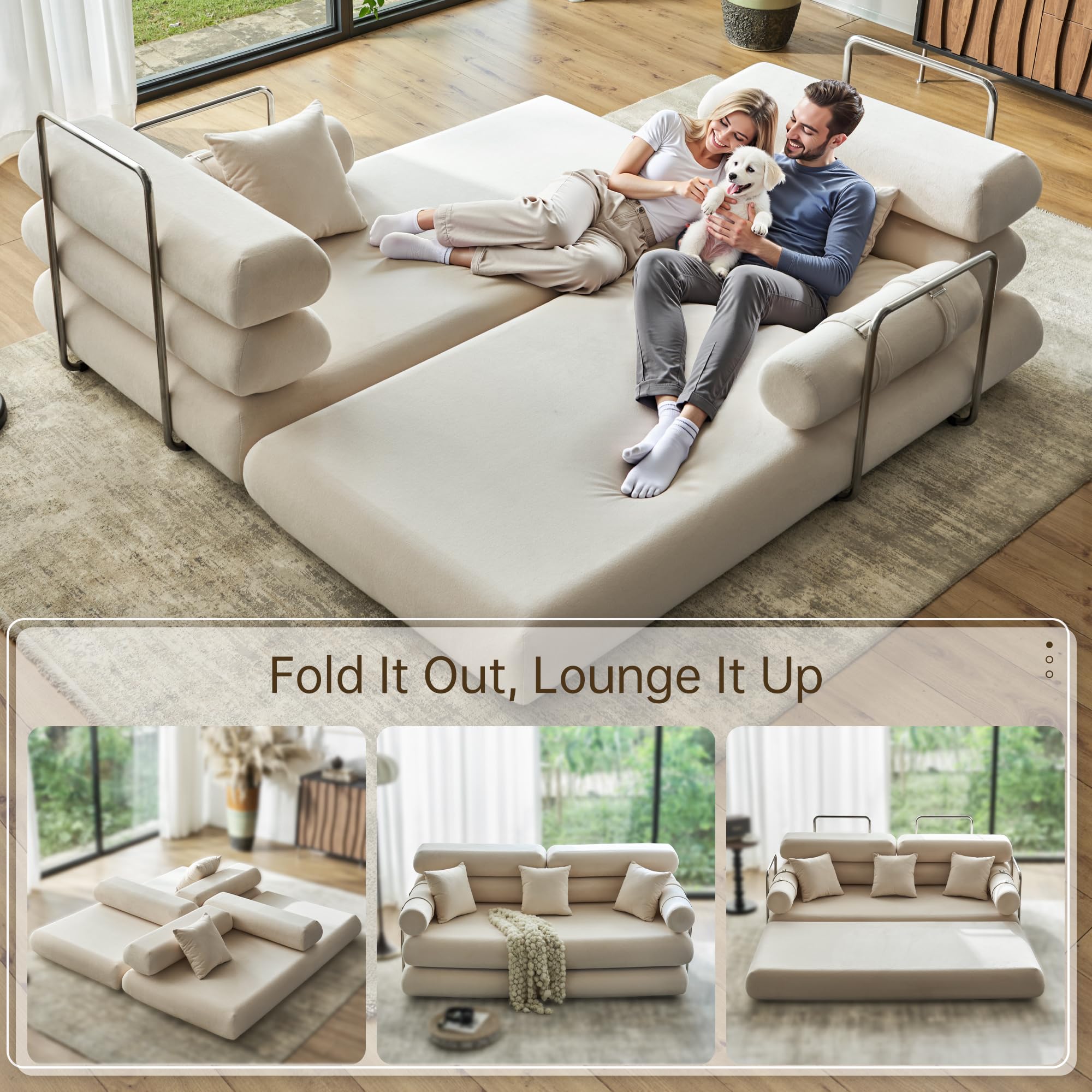 YINIX Convertible Sleeper Sofa - 35'' High-Back Floor Couch Bed - Folding Sofa Bed with Rounded Arm Supports - Floor Sofa Lounge Sofa Bed for Living Room -: Beige