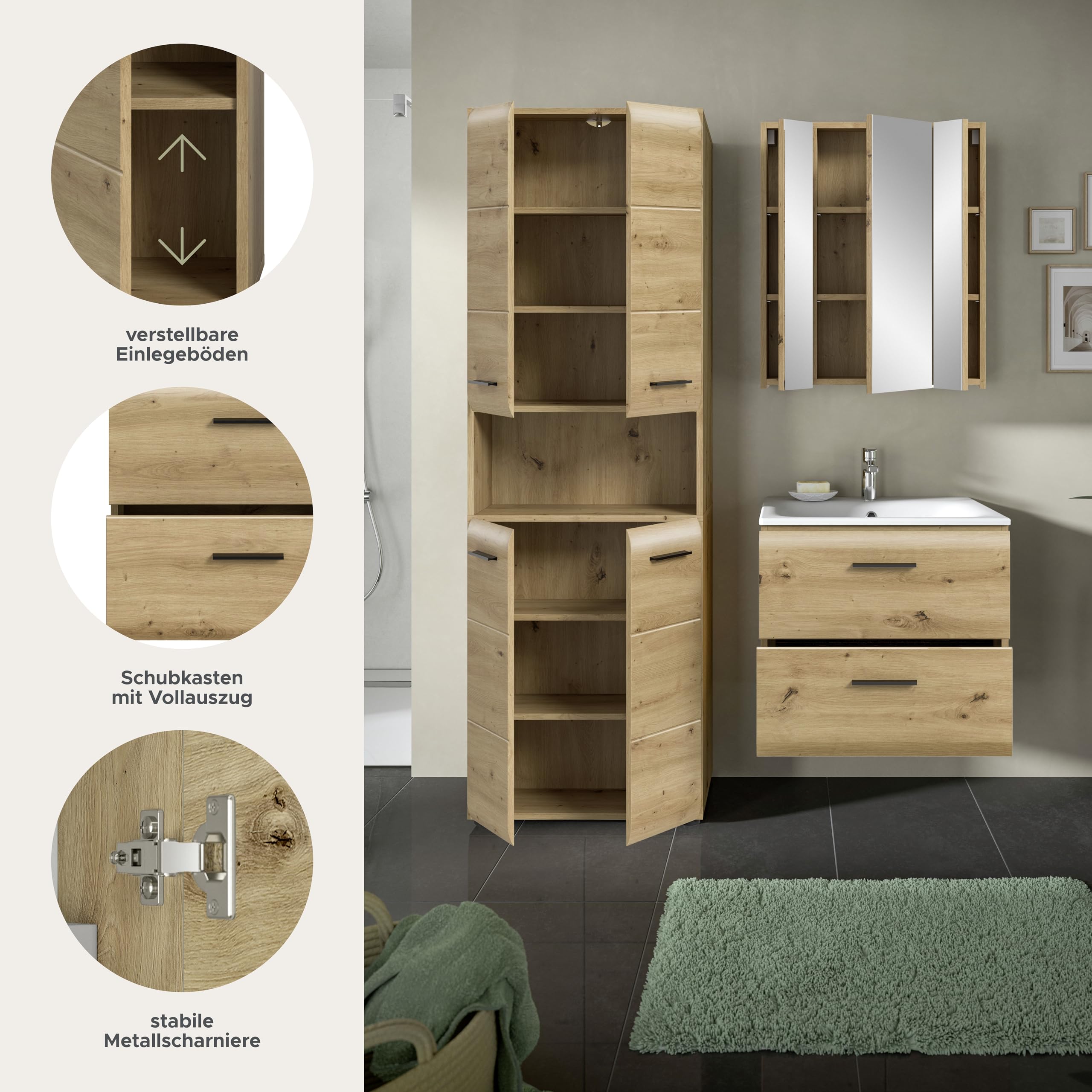 xonox.home – 3 TLG. Kompakte Badkombination Ice 135x185x46 cm in Korpus und Front Artisan Oak Nachbildung – Stilvolles Möbel-Set für Moderne Badezimmer – pflegeleicht & funktional – Bild 7
