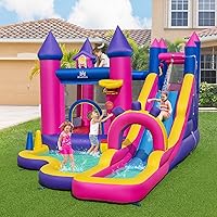 Vista 2 de BOUNTECH Tobogán acuático inflable, parque acuático de princesa con tobogán largo, área de salto, pared de escalada, piscina de chapoteo, aro