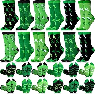 12 Pairs Mental Health Awareness Socks Bulk Green Ribbon Unisex Motivational Novelty Casual Crew Socks Faith Courage Hope Strength Funny Mental Health Ribbon Month Gifts for Men Women
