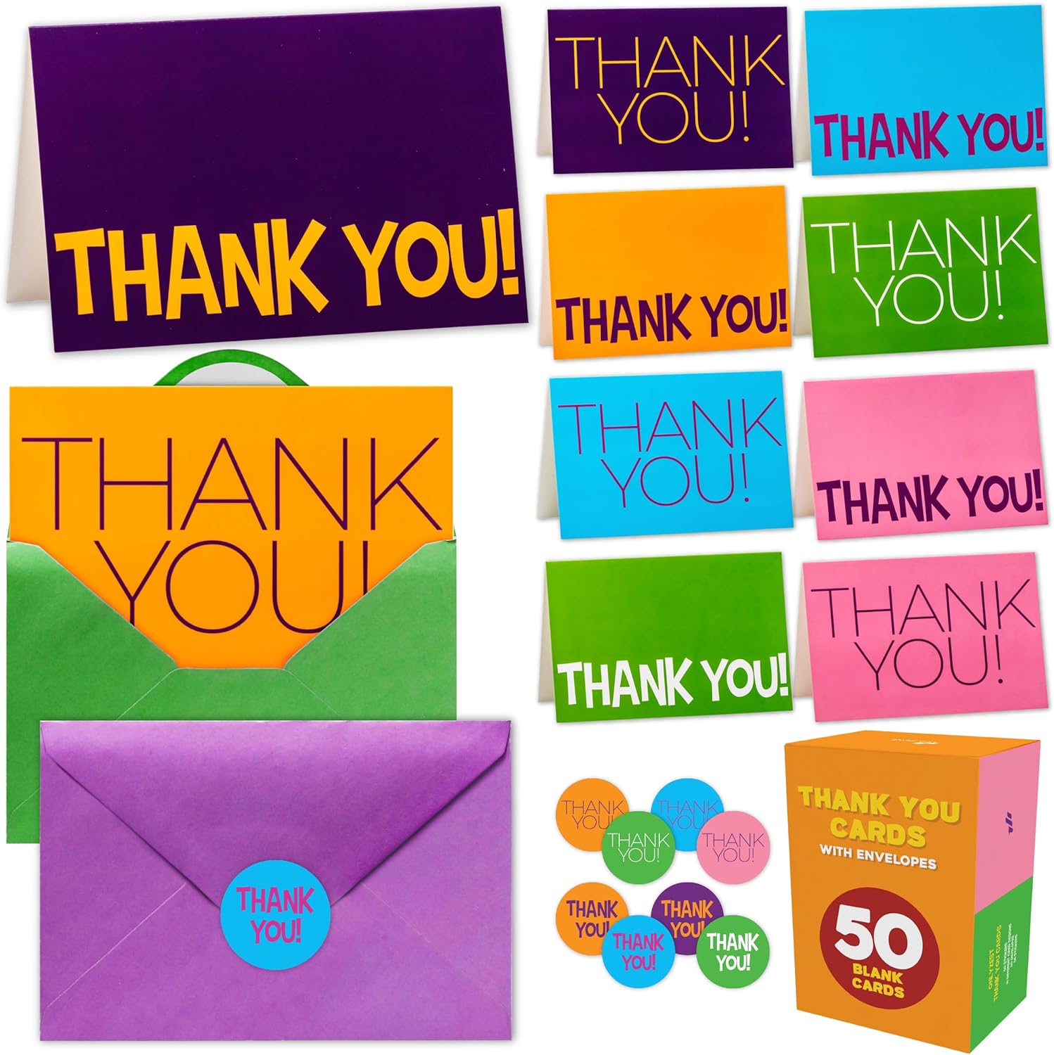 Kids Thank You Cards Bulk - 50 Thick, 6x4 in Blank Thank You Notes with Envelopes and Stickers - Fun, Colorful Designs for Boys & Girls, Teachers, Birthdays, Parties, Small Businesses