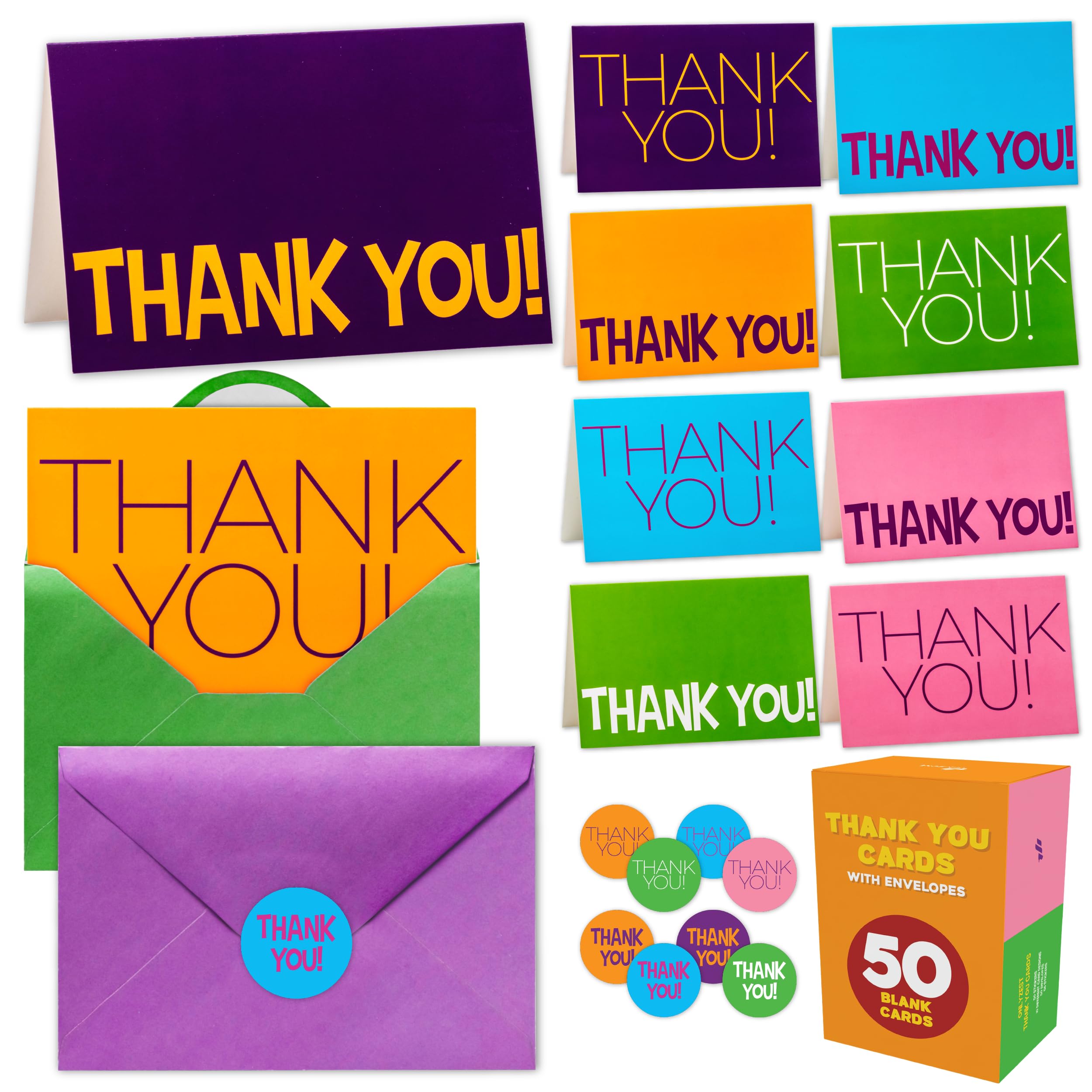 Only Zest Kids Thank You Cards Bulk - 50 Thick, 6x4 in Blank Thank You Notes with Envelopes and Stickers - Fun, Colorful Designs for Boys & Girls,