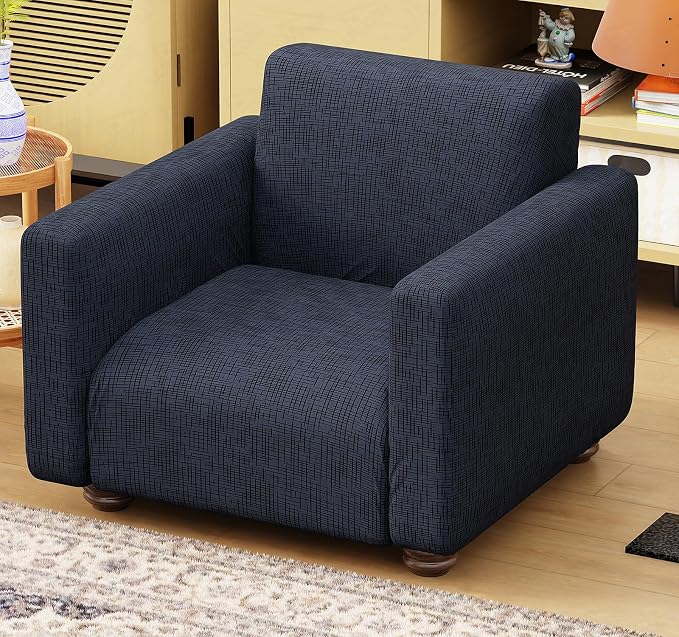 Lukzer 1 Seater Dark Blue Lining Design Universal Sofa Cover | 360° Fully Covered Anti-Slip Washable Couch Cover Protecter | 140 GSM Stretch Fit Polyester + Spandex Slipcover (90-140cm/SC-023-01)