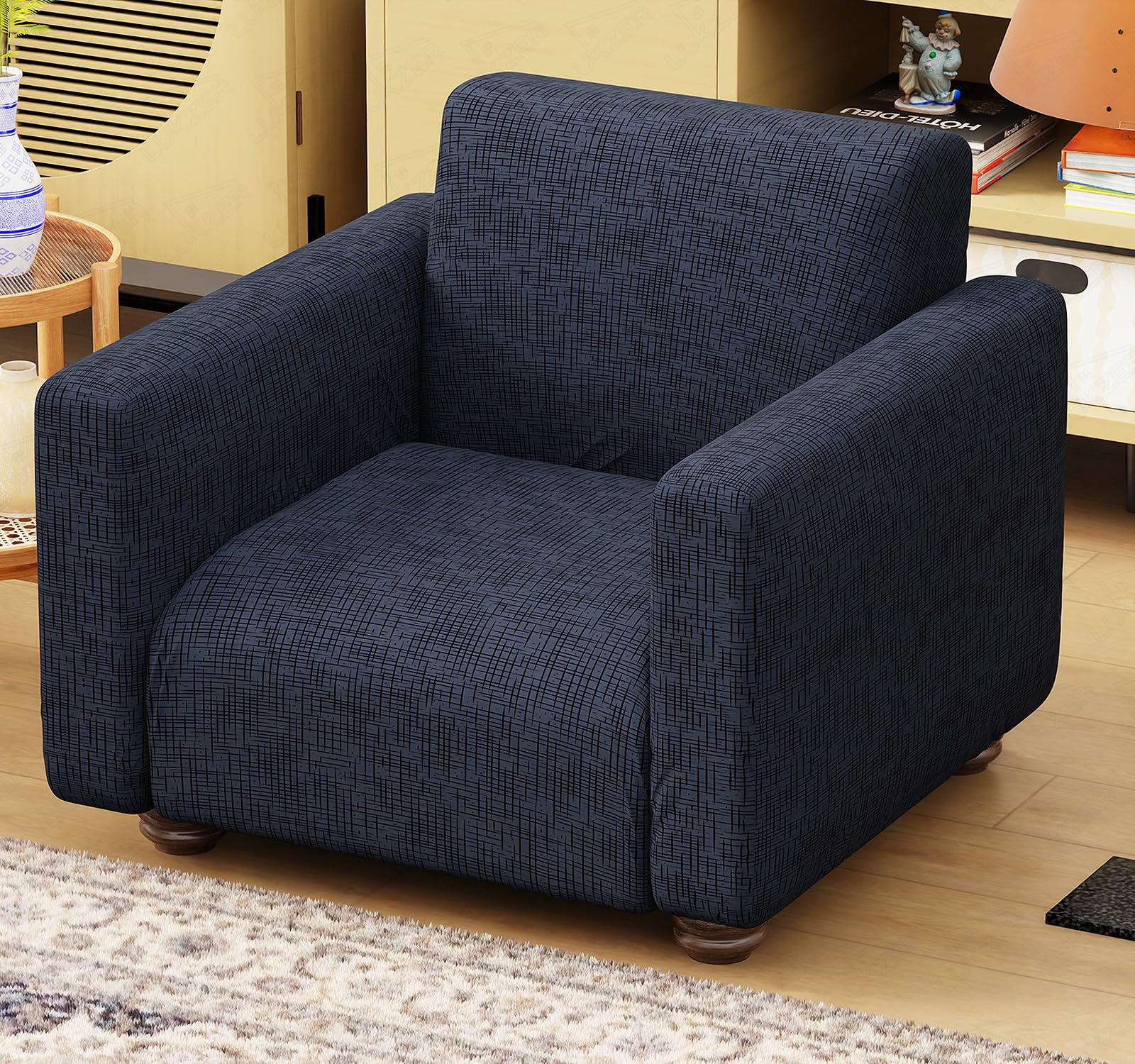 Lukzer 1 Seater Dark Blue Lining Design Universal Sofa Cover | 360° Fully Covered Anti-Slip Washable Couch Cover Protecter | 140 GSM Stretch Fit Polyester + Spandex Slipcover (90-140cm/SC-023-01)-picture-11