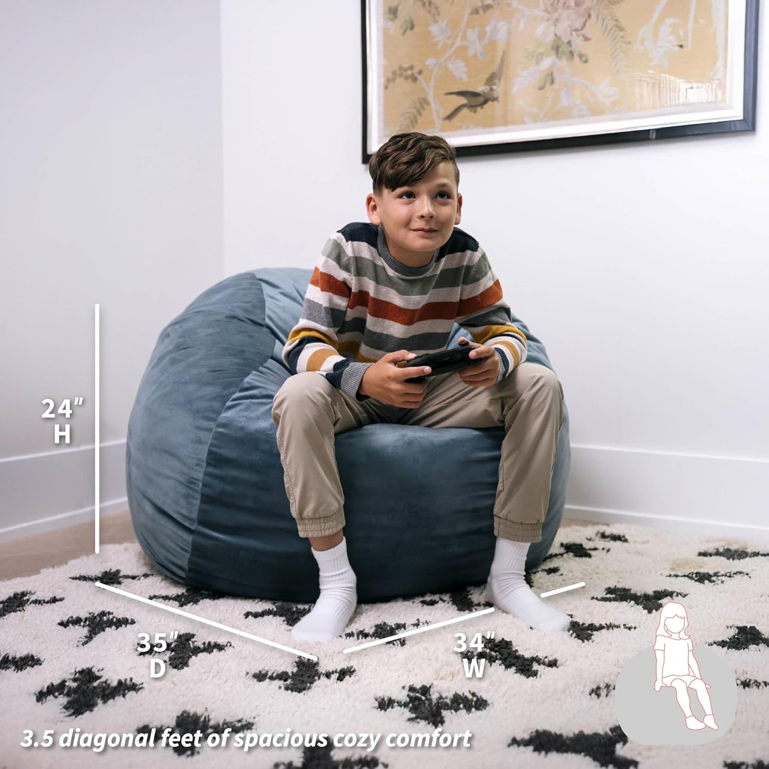 Big Joe Fuf 3.5Ft Foam Bean Bag Chair for Kids, Teens, Slate Blue Plush Soft Polyester, 3.5 Foot Large Ultra-Soft Seat for Gaming, Bedroom, Reading Nook