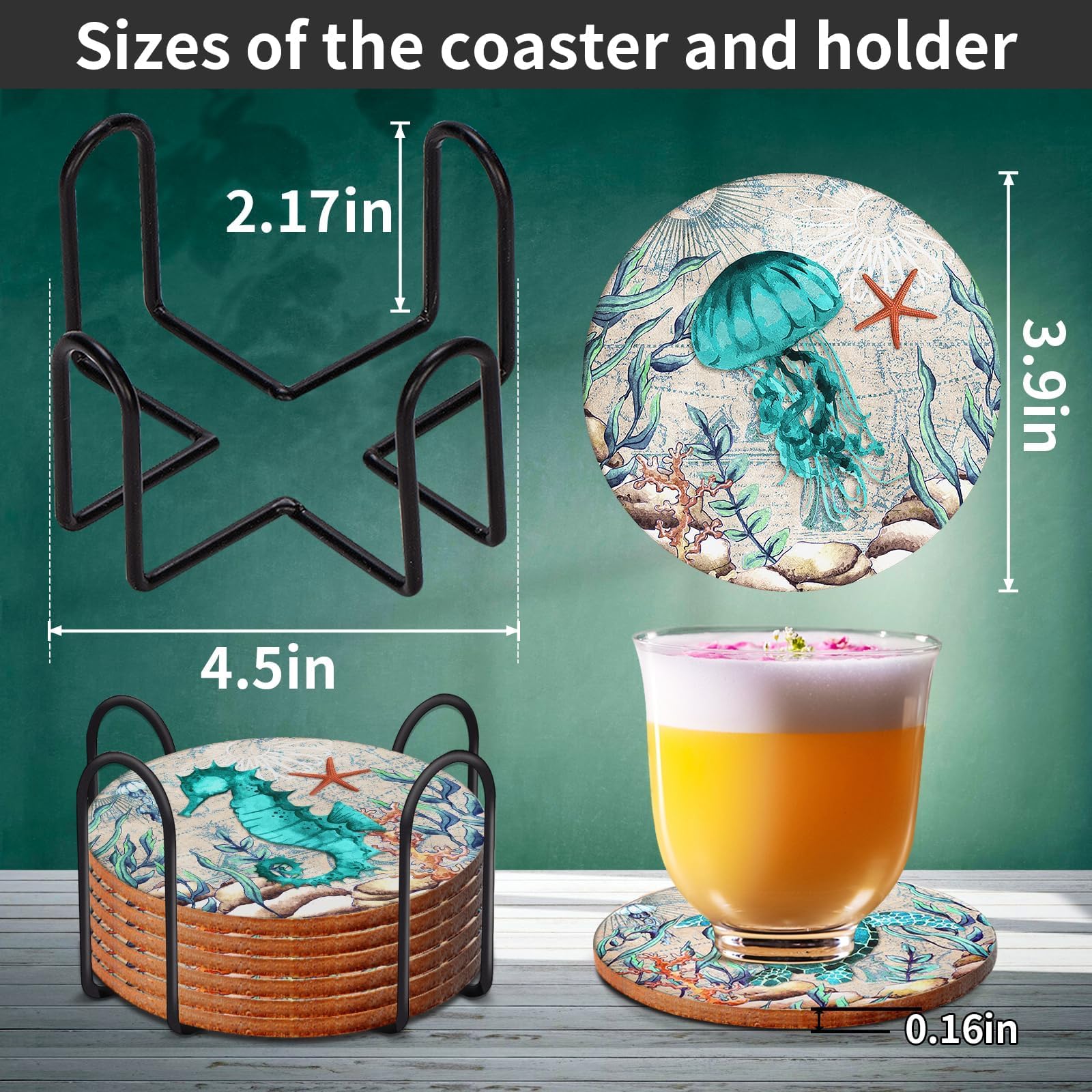 Lot De 6 Sous-Verres En Liège Tortue Océan - Motif Tortue De Mer Tropical Avec Support Métal - Décoration Plage Côtière
