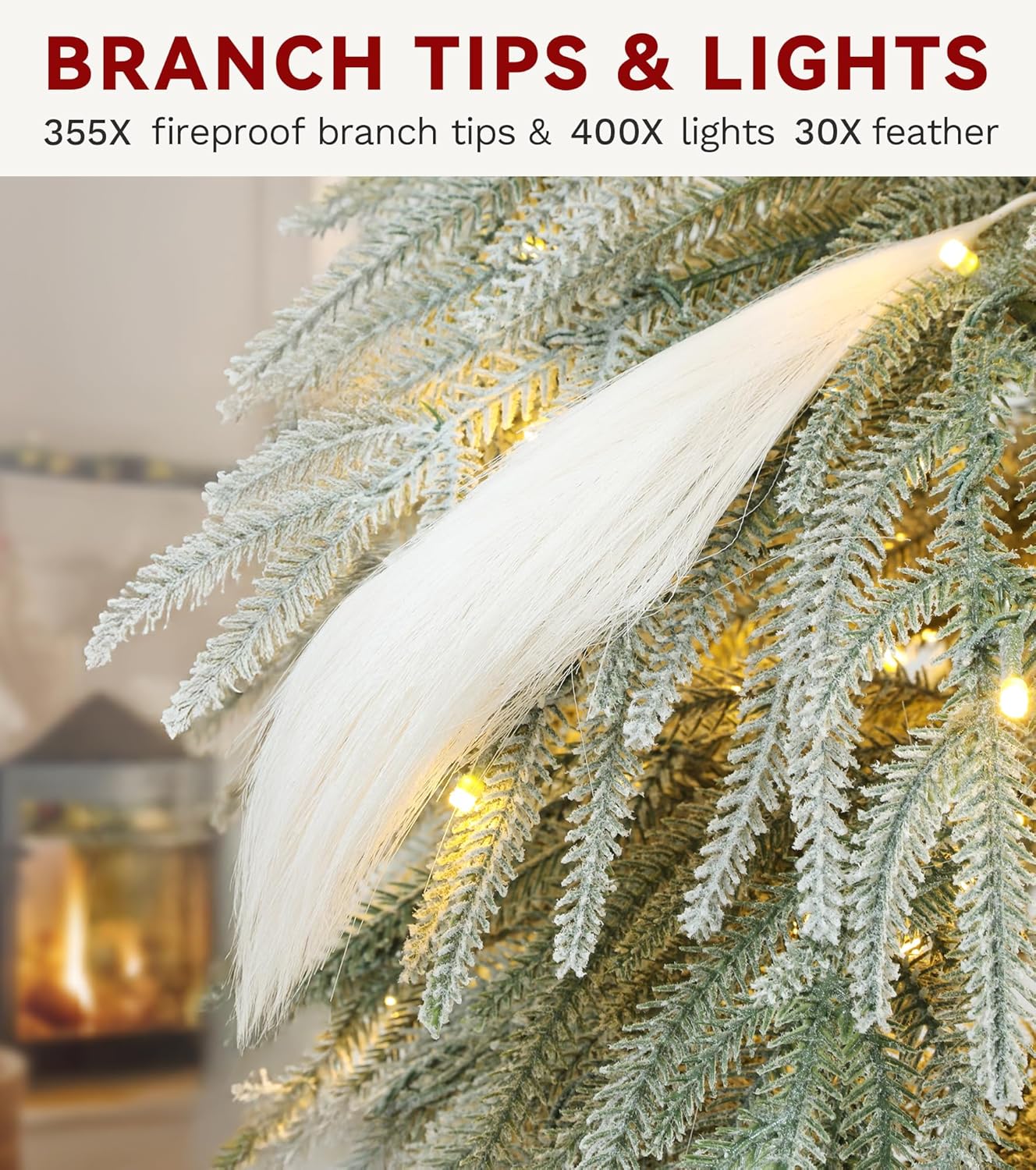 DWVO Pampas 6ft Flocked Christmas Tree with 400 LED Lights and 30 Reeds Like Plumes, Prelit Atificial Christmas Trees with Snow and 355 Mixed PE & PVC Branch Tips & Stand for Home Party Decoration