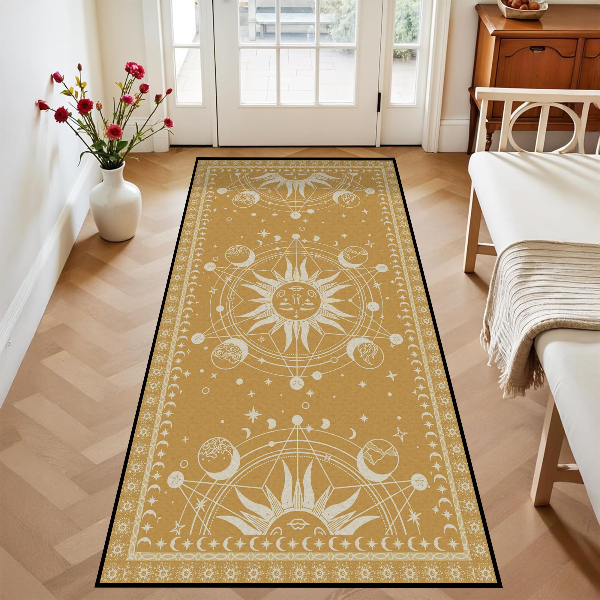 Tapis de soleil et de lune – Tapis céleste bohème pour chambre à coucher, dortoir, salon, motif croissant de croissant solaire, étoiles, galaxie, 200,7 x 99,1 cm, or aztèque