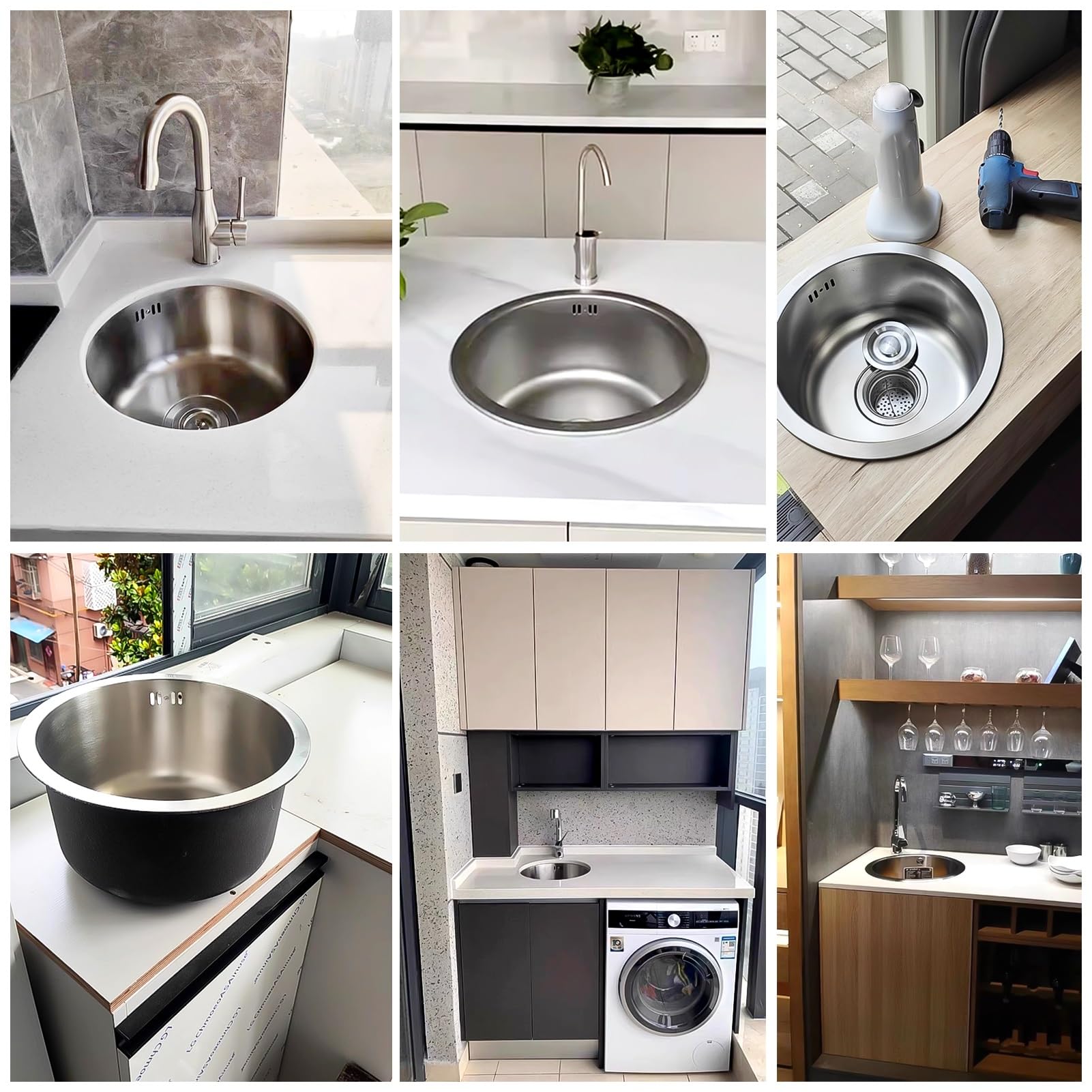 Rundes Spülbecken aus Silber mit Abflusszubehör, kleines Küchenspülbecken aus Edelstahl, Nassvorbereitungsbecken, Kellerarbeitsplatz für Einbau- und Unterbauspülen (32 x 32 x 18 cm