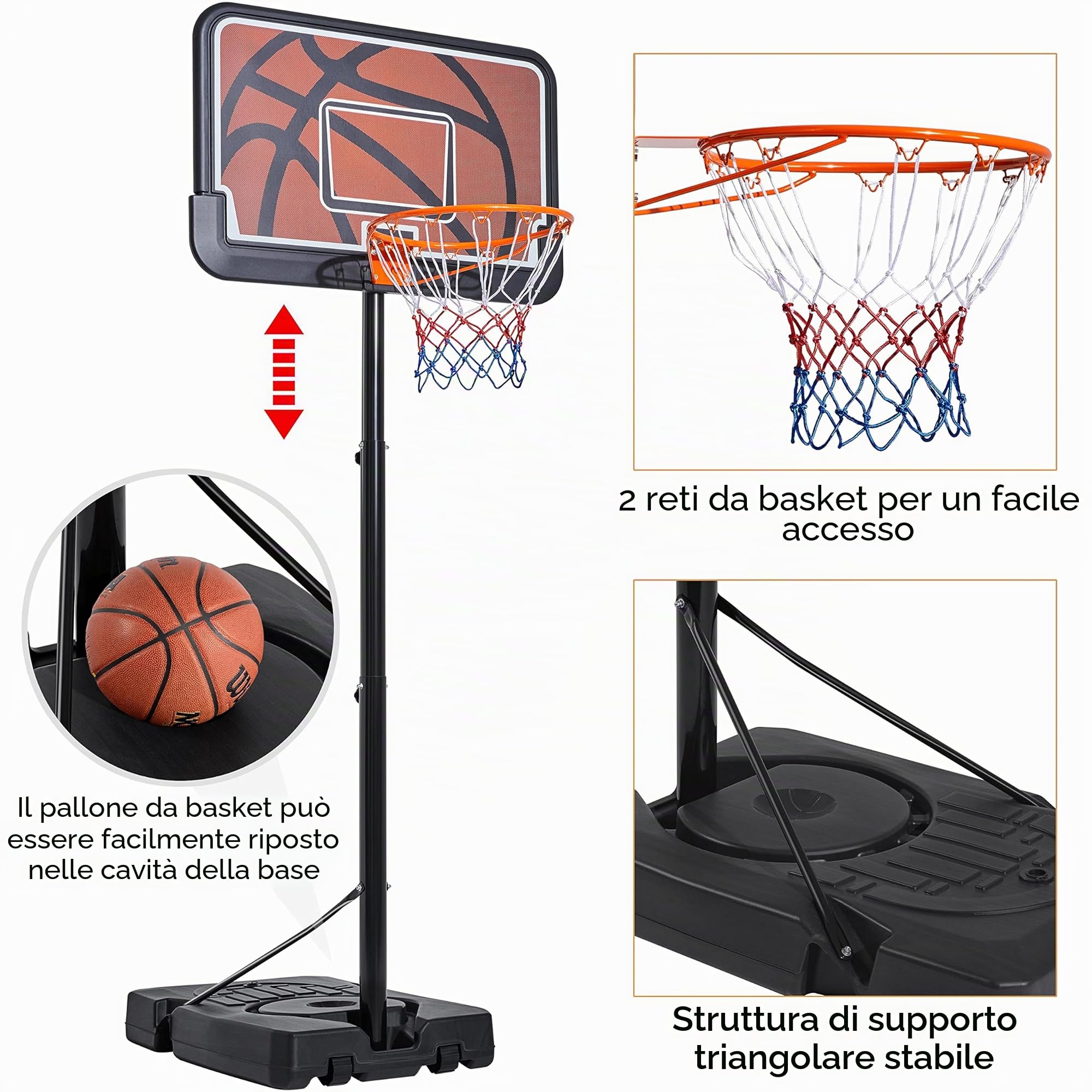 Yaheetech Canestro da Basket con Tabellone Cerchio Regolabile 233-308 cm da Interno/Esterno in HDPE e Metallo con Ruote Nero/Arancione