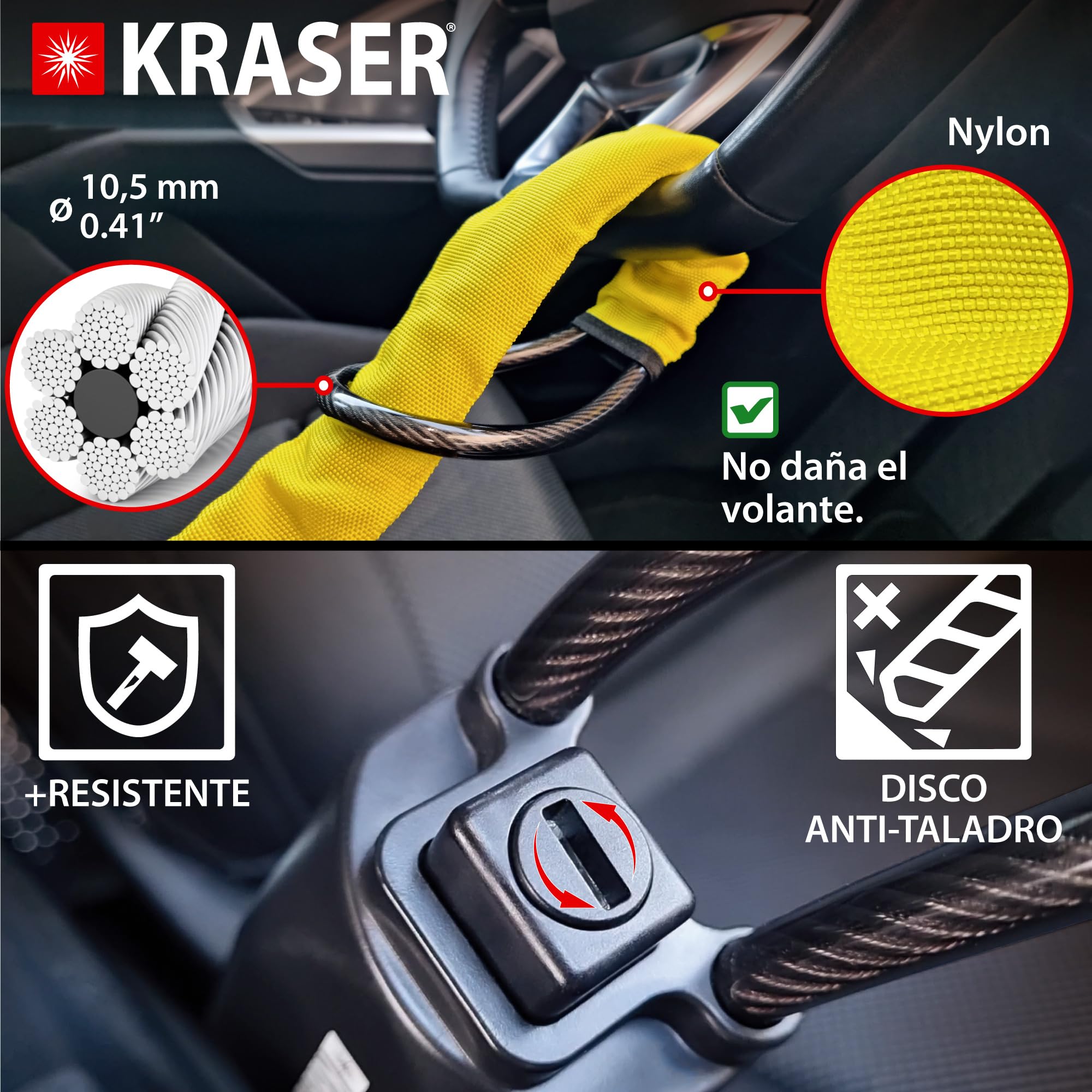 KRASER KR882Y Antirrobo Coche Mejorado, Bloqueo Volante Cinturón Más Robusto, Cerradura Antitaladro Alta Seguridad, Cable de Acero Más Flexible, Visible y Disuasorio, Cepo Auto Universal SUV Furgoneta