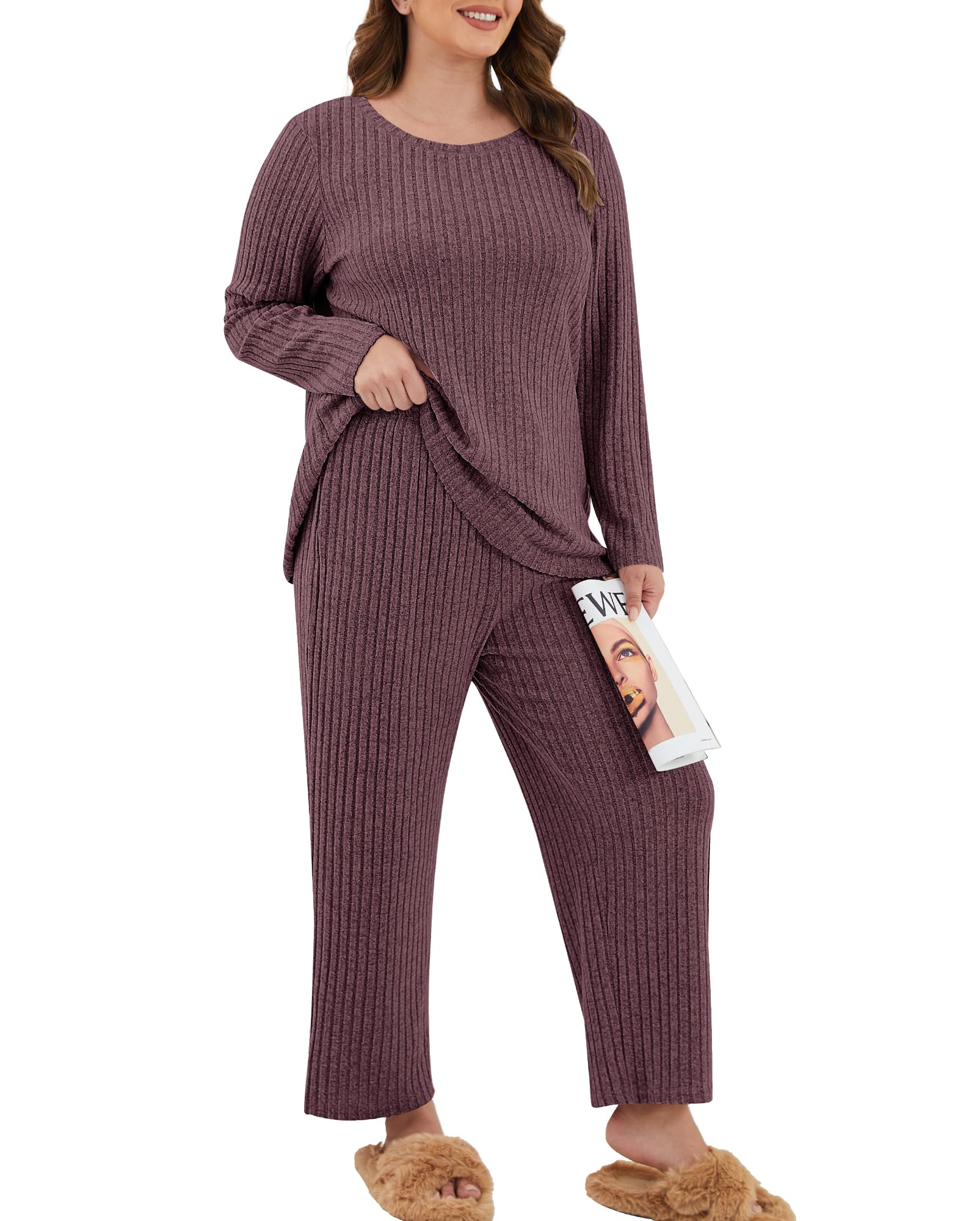 Womens Plus Size Lounge Pajamas 2 Piece Pj Sets Soft Long Sleeve Ribbed Tops Wide Leg Pants with