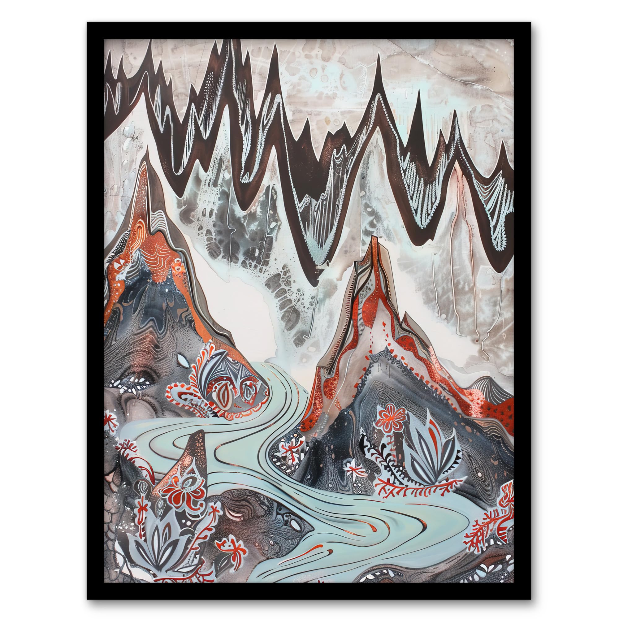 Artery8 Spiky Mountains River Trippy Floral Folk Art Wall Art PrintA4 Size from B&Q