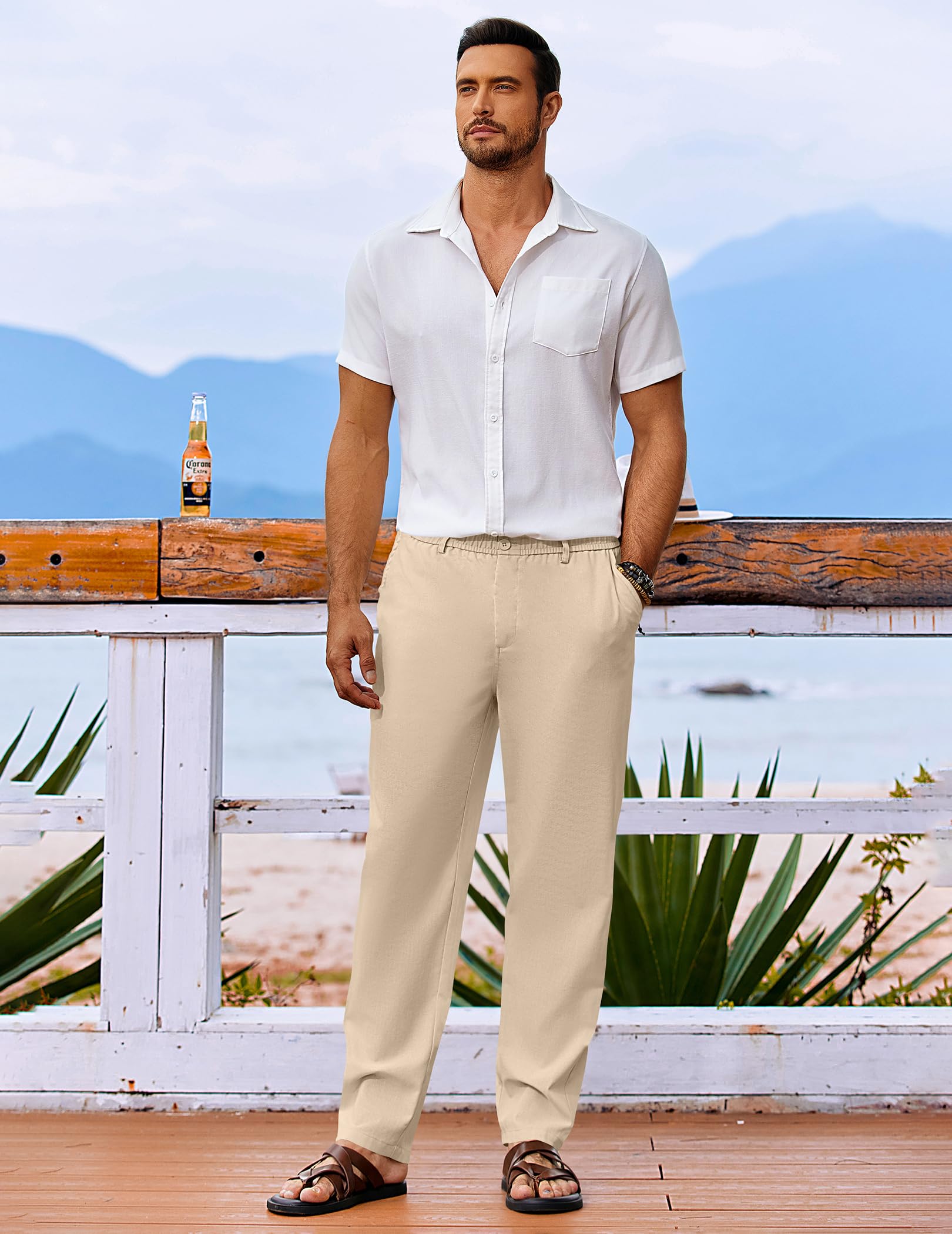 COOFANDY Herren Hose Lang Leichte Sommerhose Leinenhose Freizeithose Strandhose Einfarbig Herrenhosen mit Taschen Elastischer Bund