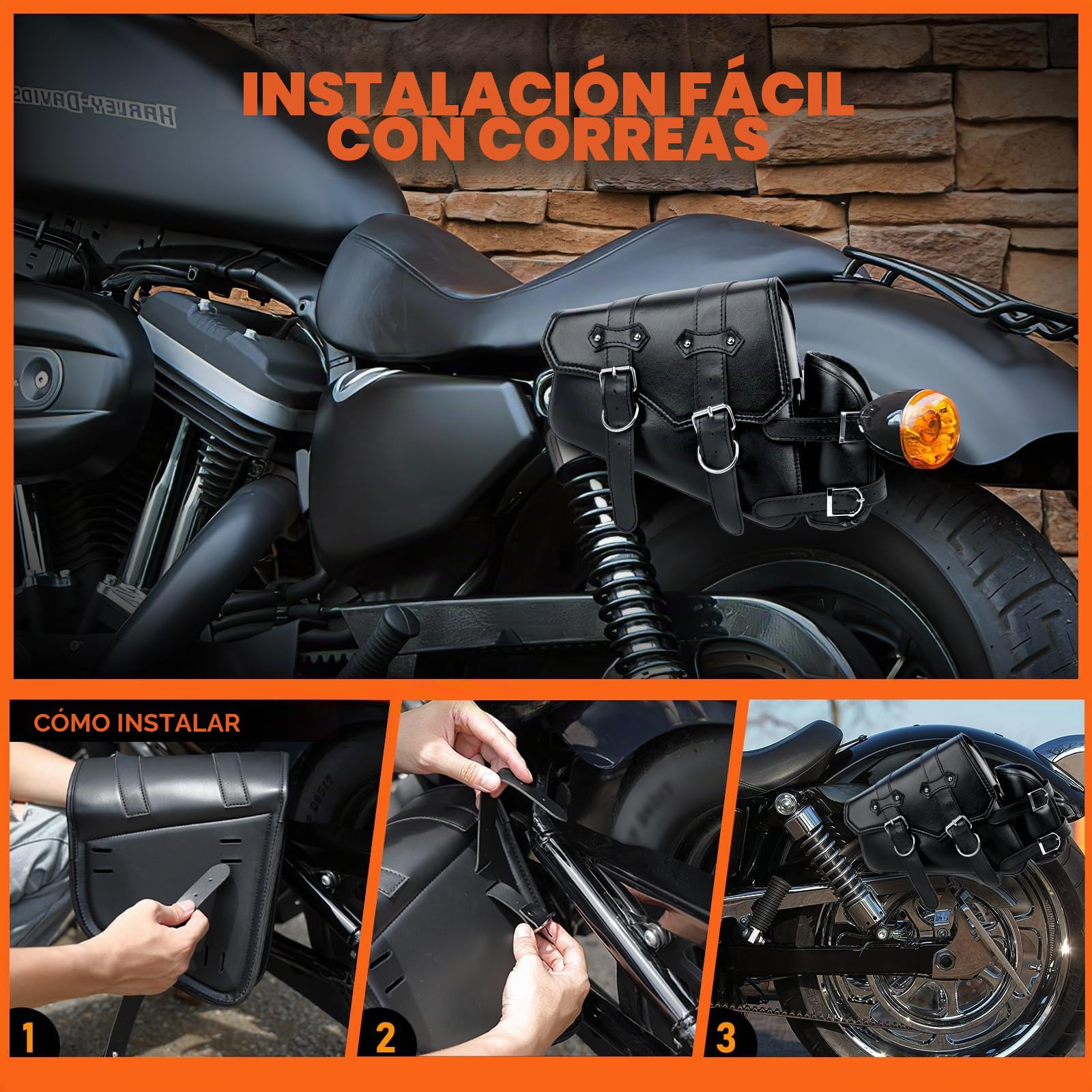 DREAMIZER Bolsa de Sillín Lateral de Cuero Sintético para Motocicleta con Brazo Oscilante Compatible Harley Honda Kawasaki Suzuki Yamaha