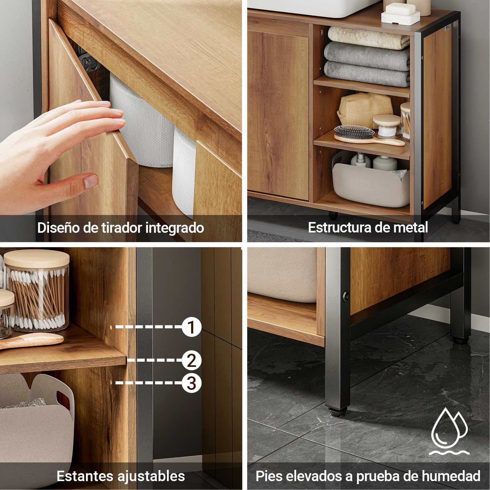 SoBuy Mueble Bajo Lavabo 90cm con Corte para Sifón para Baño | Muebles para Lavabo con Puertas y Estantes Abiertos, Armario Baño Auxiliar Estilo Industrial Madera y Metal BZR63-L-PF