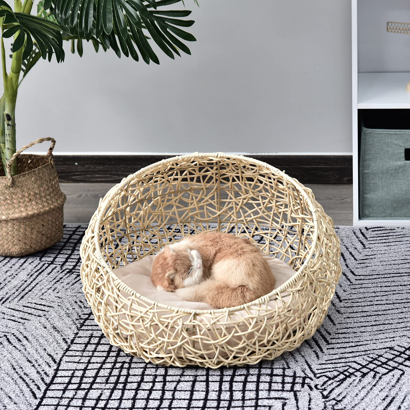 PawHut Cama para Gatos de ratán Cueva para Gatos con cojín Cesta para Gatos Cama para Perros Lugar para Dormir para Gatos Perrera para Mascotas para Gatos Perros Beige Ø56 x 35 cm | Cama para gatos, casa para gatos, tienda de campaña, casa para mascotas