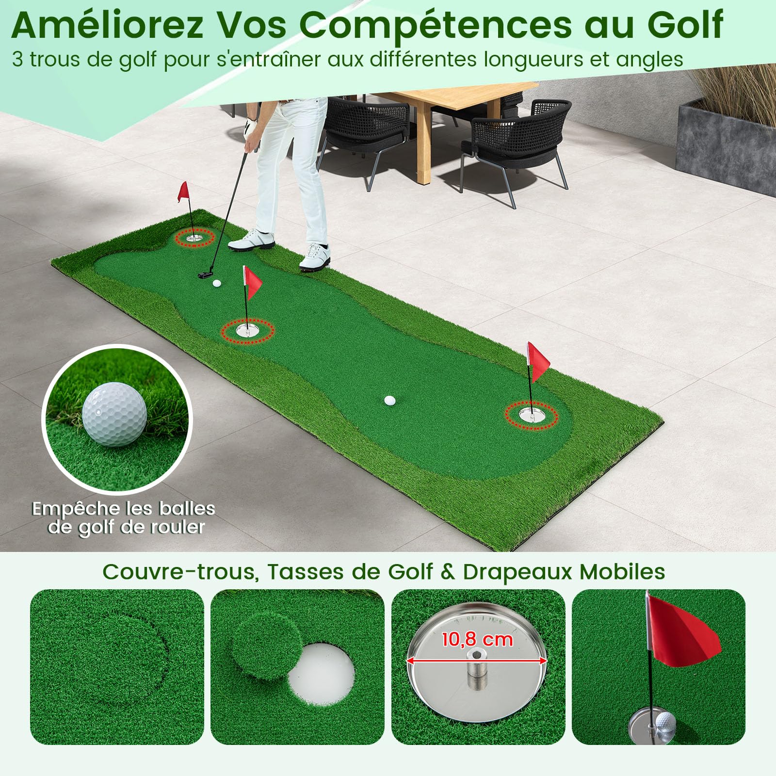 GOPLUS - Alfombra de Golf para Putting (3 x 1 m), Gran Alfombra de Entrenamiento de Golf, 3 Agujeros, 3 Copas y Banderas de Ayuda al Entrenamiento, Interior Exterior