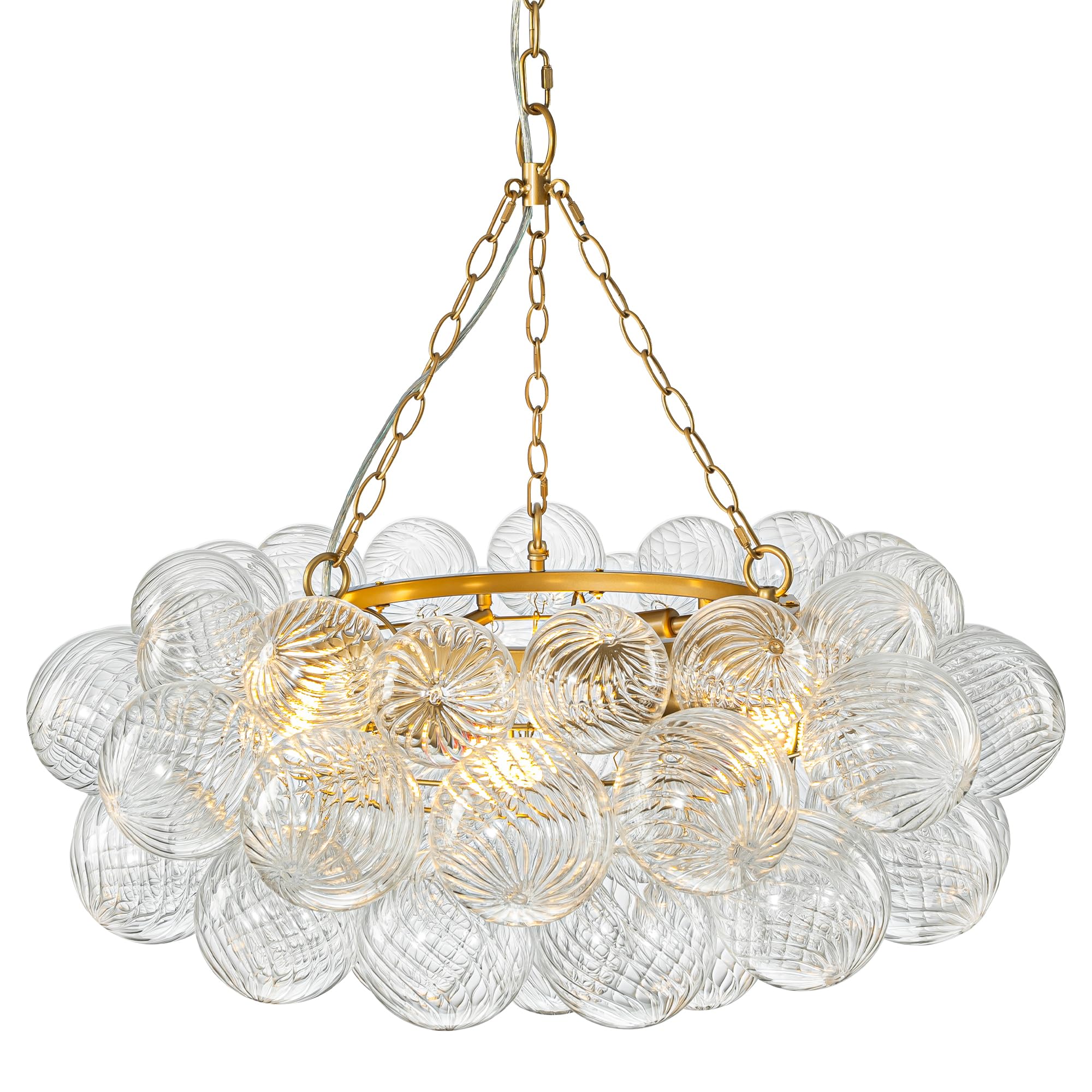BeyPan 32" Ring Bubble Ball Glass Chandelier Luxury Chandeliers for Interior Gold and Clear Ribbed Glass Globe Light Fixtures Pendant Lighting for