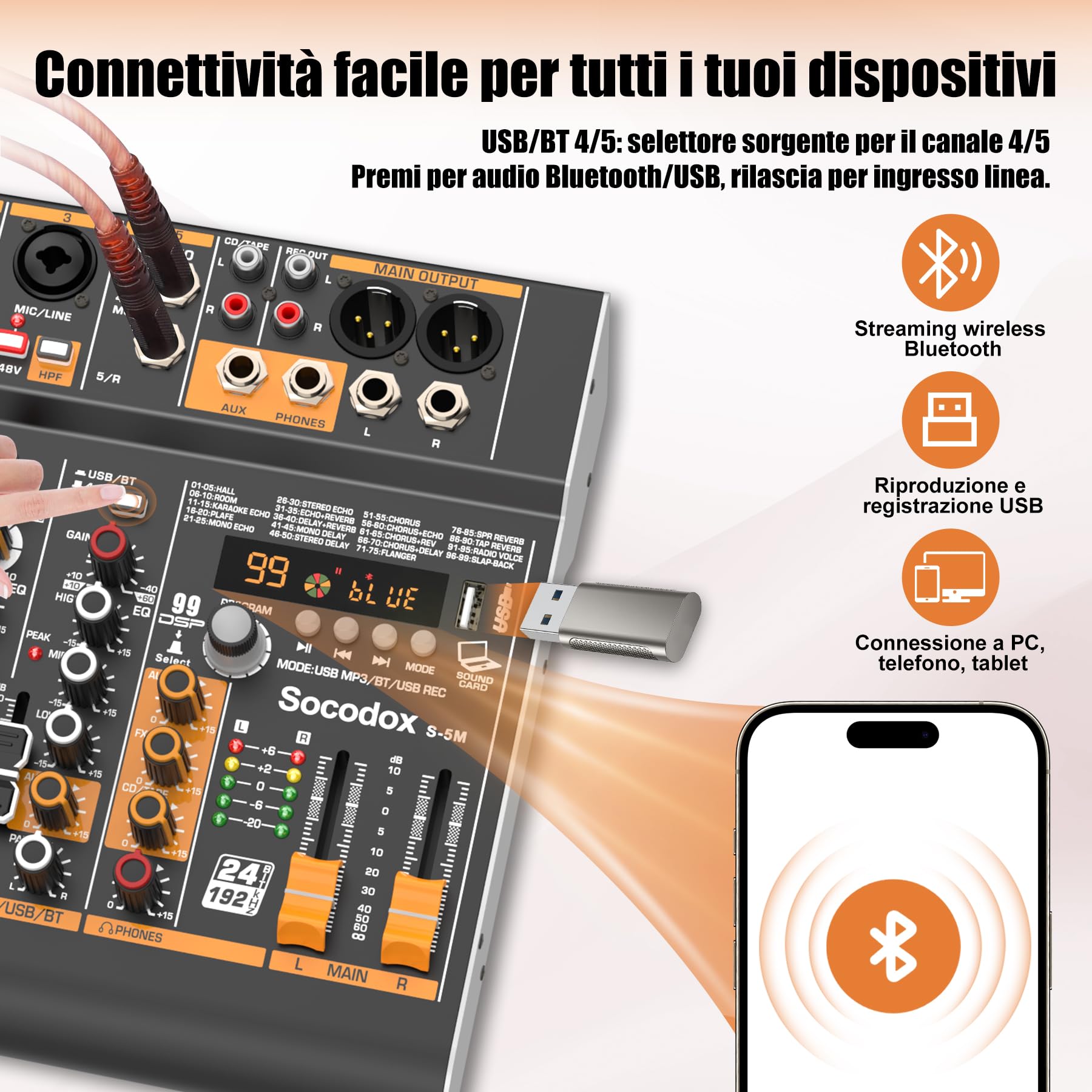 Mixer audio a 5 canali con Bluetooth e 99 effetti DSP per streaming | 48V fantôme, EQ 3 bandes, enregistrement USB, entrées stéréo, faible bruit, gain, jack casque pour église, karaoké, live