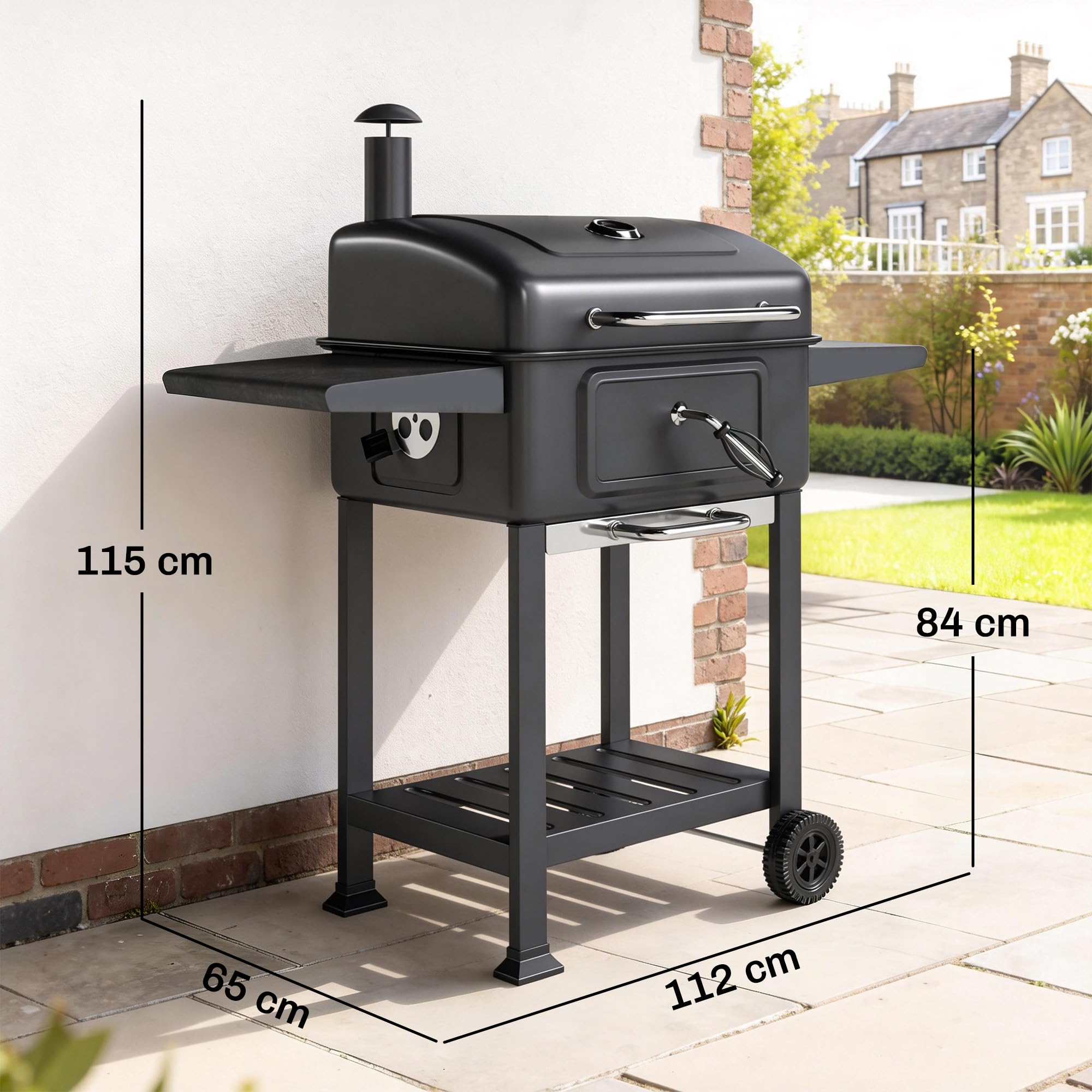 Outsunny Grill węglowy BBQ Smoker z pokrywą, termometrem, regulowaną wysokością węgla, kominem, rusztem, boczną półką i tacką na popiół, grill na kółkach do ogrodu i kempingu