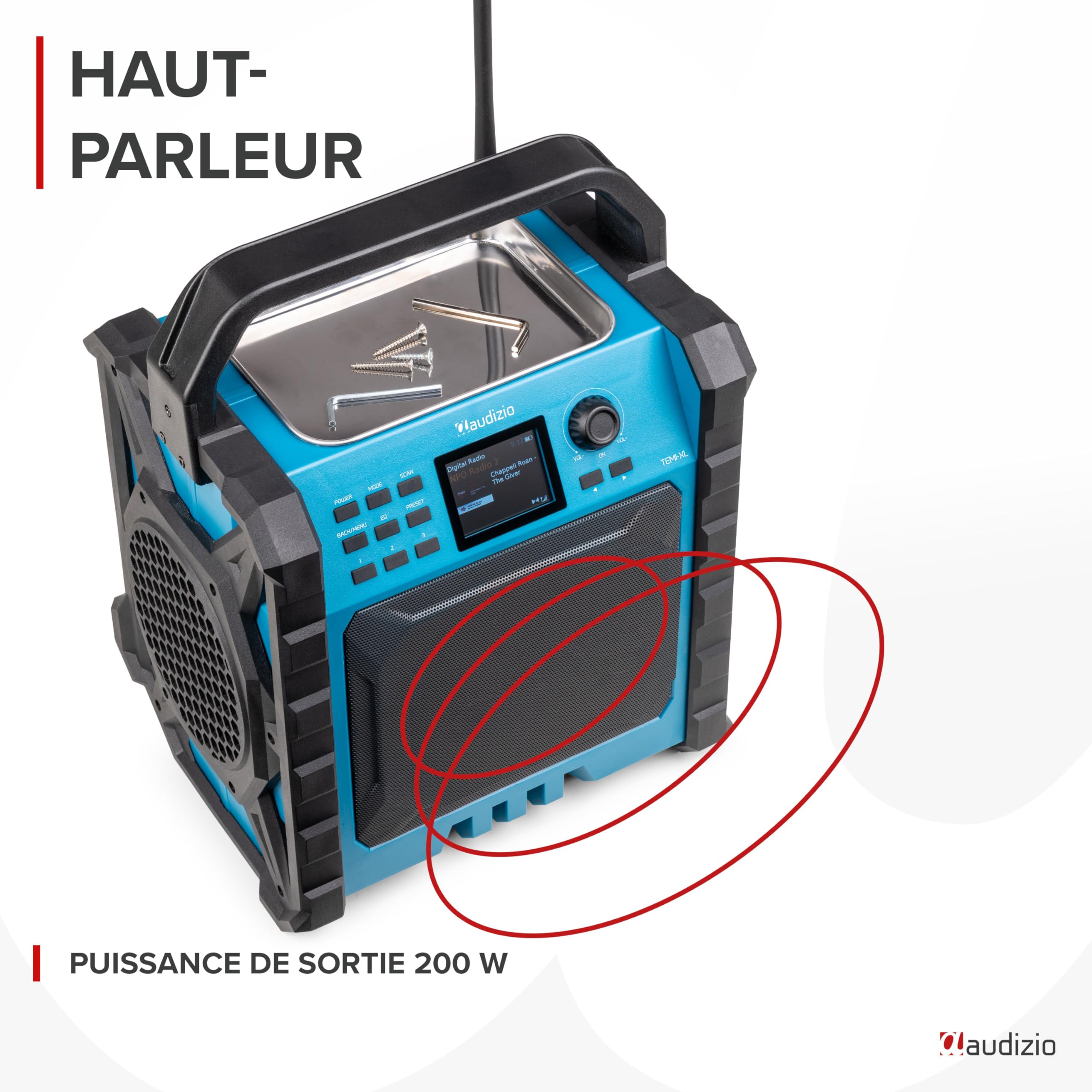 Audizio TEMI-XL - Radio de Chantier 200W avec Dab+/FM, BT sans Fil, Batterie Longue Durée & Powerbank - Enceinte Robuste IP54