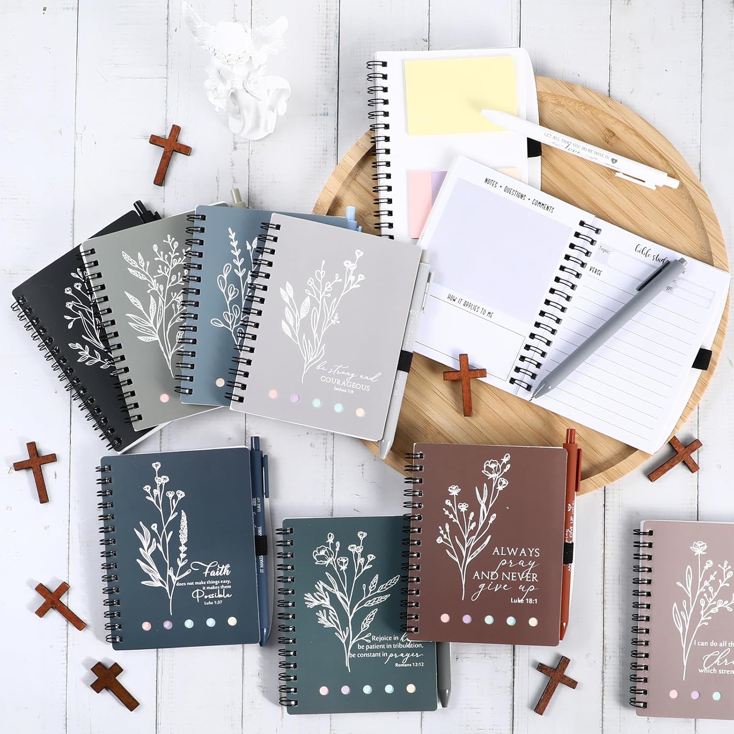 Resurhang 40 Pcs Christian Gift Bible Study Notebook with Notes Christian Pen Aesthetic Religious Journal Church Prayer Notepad Jesus Easter for Clergy Pastor Sunday School Employee (Boho Color)