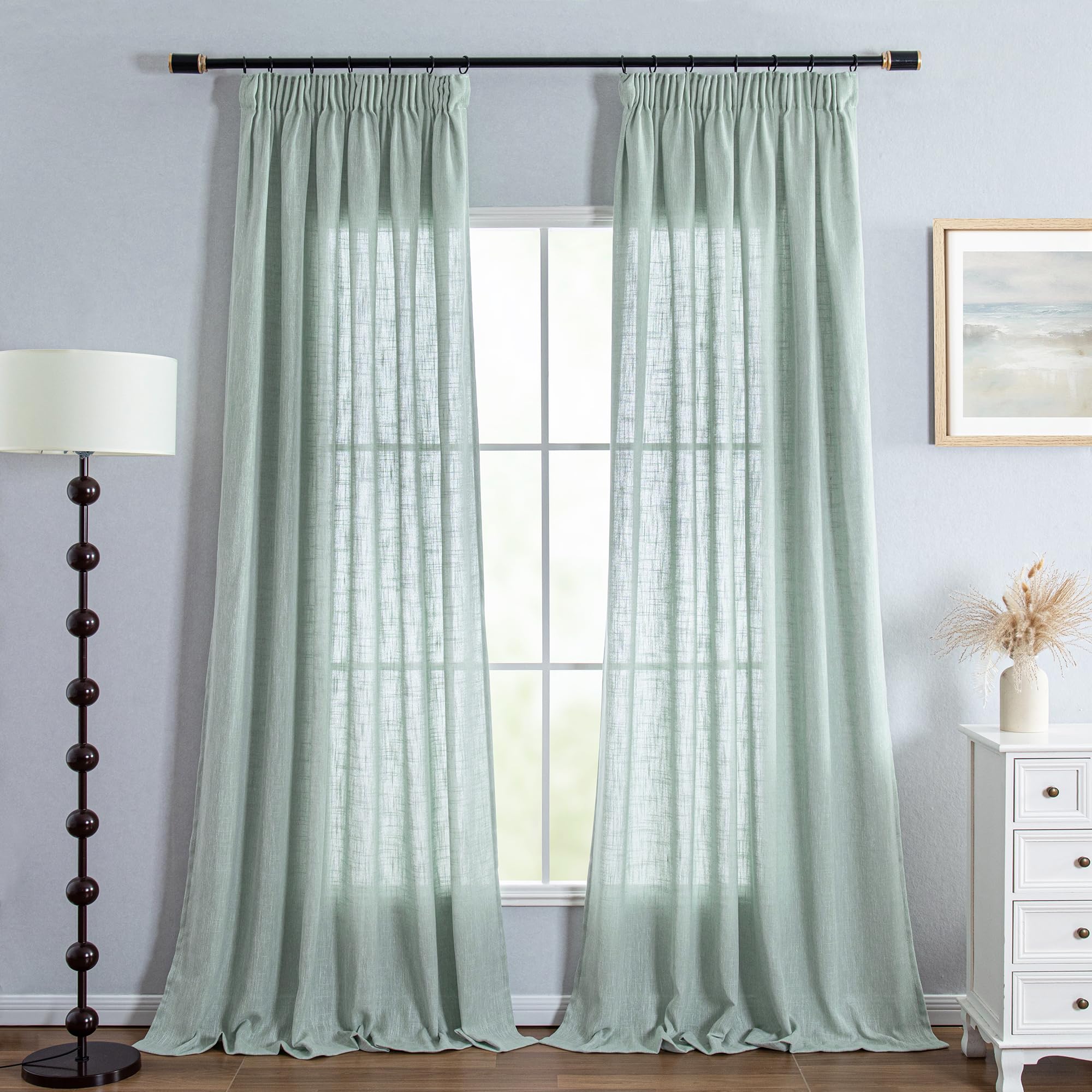 MYSKY HOME Turquoise Curtains for Teenager's Room, Boys, Children's Room, Mint Green, Transparent Curtain with Ruffle Tape, Tab-Top Curtain, Semi-Transparent Linen Look Curtains, H 245 x W 140 cm - Image 2