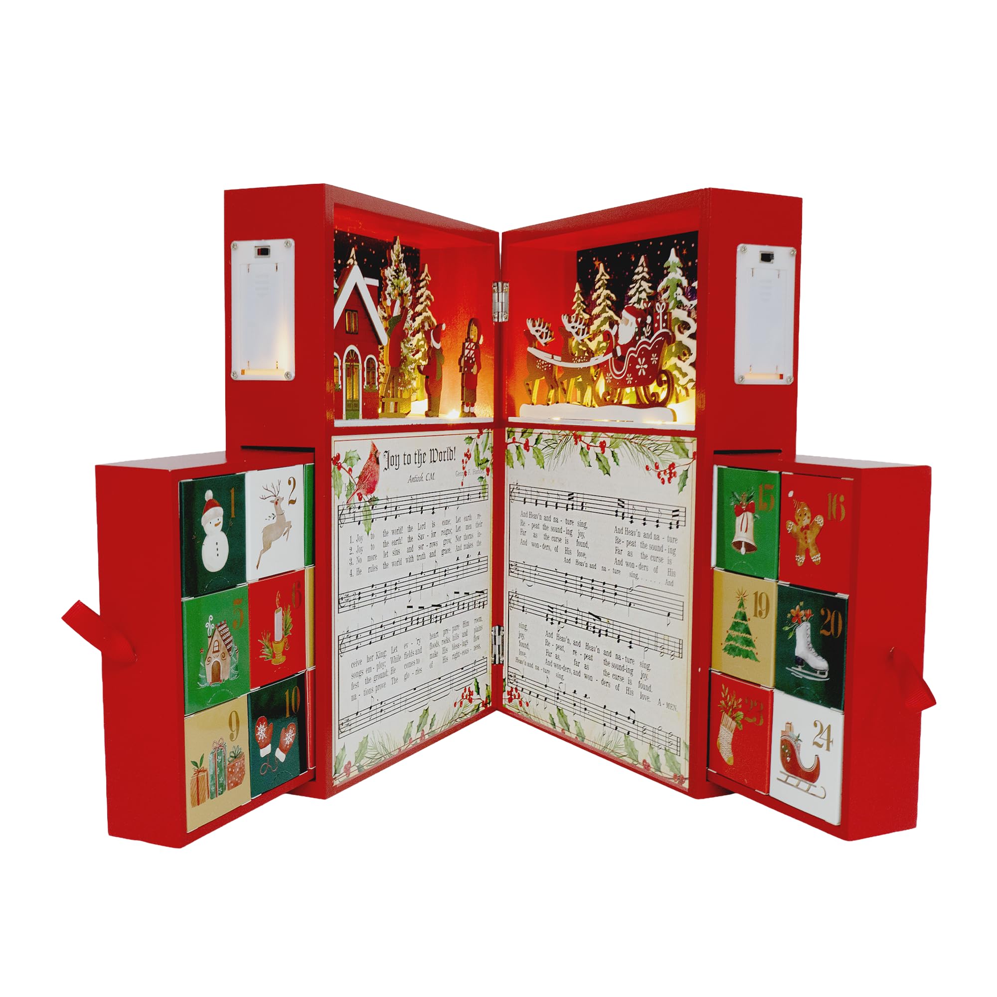 PE Adventskalender aus Holz in Buchform mit LED und 24 Boxen zum Befüllen | Aufklappbares Weihnachtsbuch mit 2 LED-Holzszenen, 24 Papierboxen; 4 AAA-Batterien erforderlich, nicht enthalten