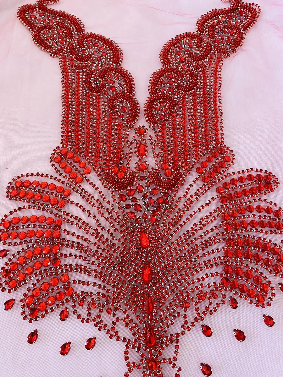 Handmade Glass Rhinestones Applique on net sew on Beads Crystal Patches Trim Accessory for Dress Clothes (Red)