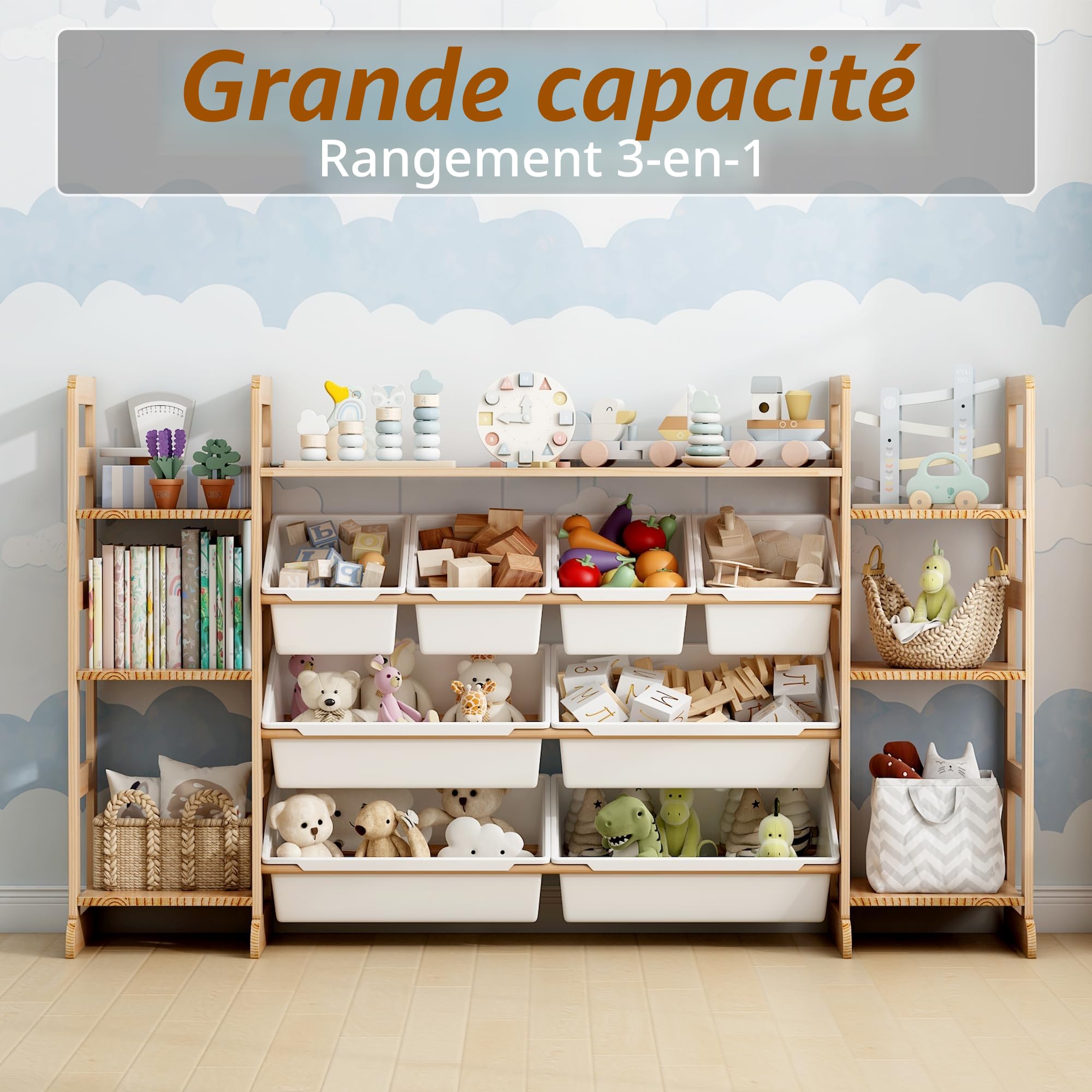Meuble de Rangement Jouets Enfant Bibliothèque Enfant avec 8 Boîtes Amovibles, Bibliotheque Enfant Bois pour Aux Chambres à Coucher et aux Salles de Classe (133 x 80 x 34.5 cm)