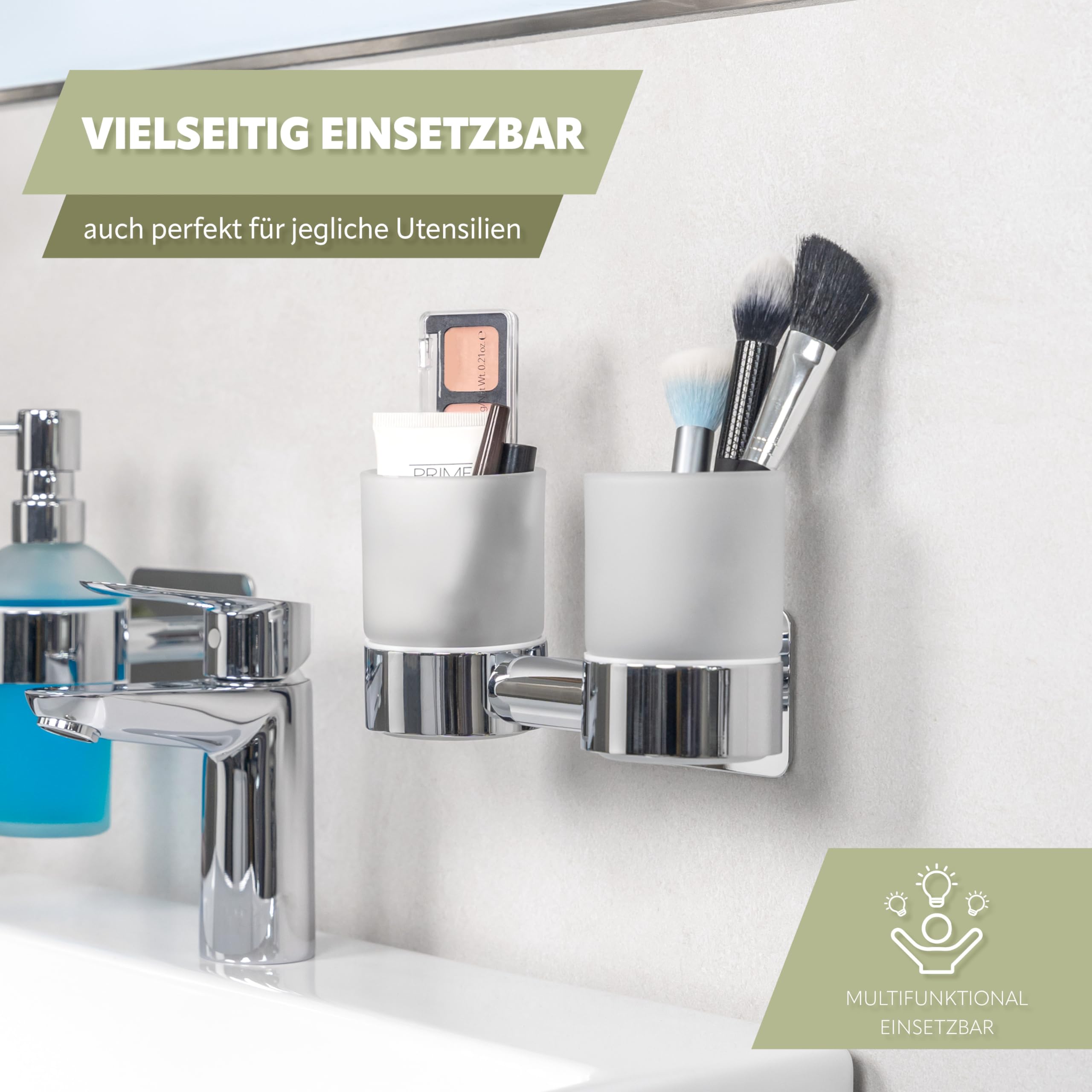 bremermann Bathroom Series Lucente Tape - Double Glass Cup Holder Self Adhesive Glass & Stainless Steel, High Gloss - No Drilling 3M Adhesive Attachment Toothbrush Cup