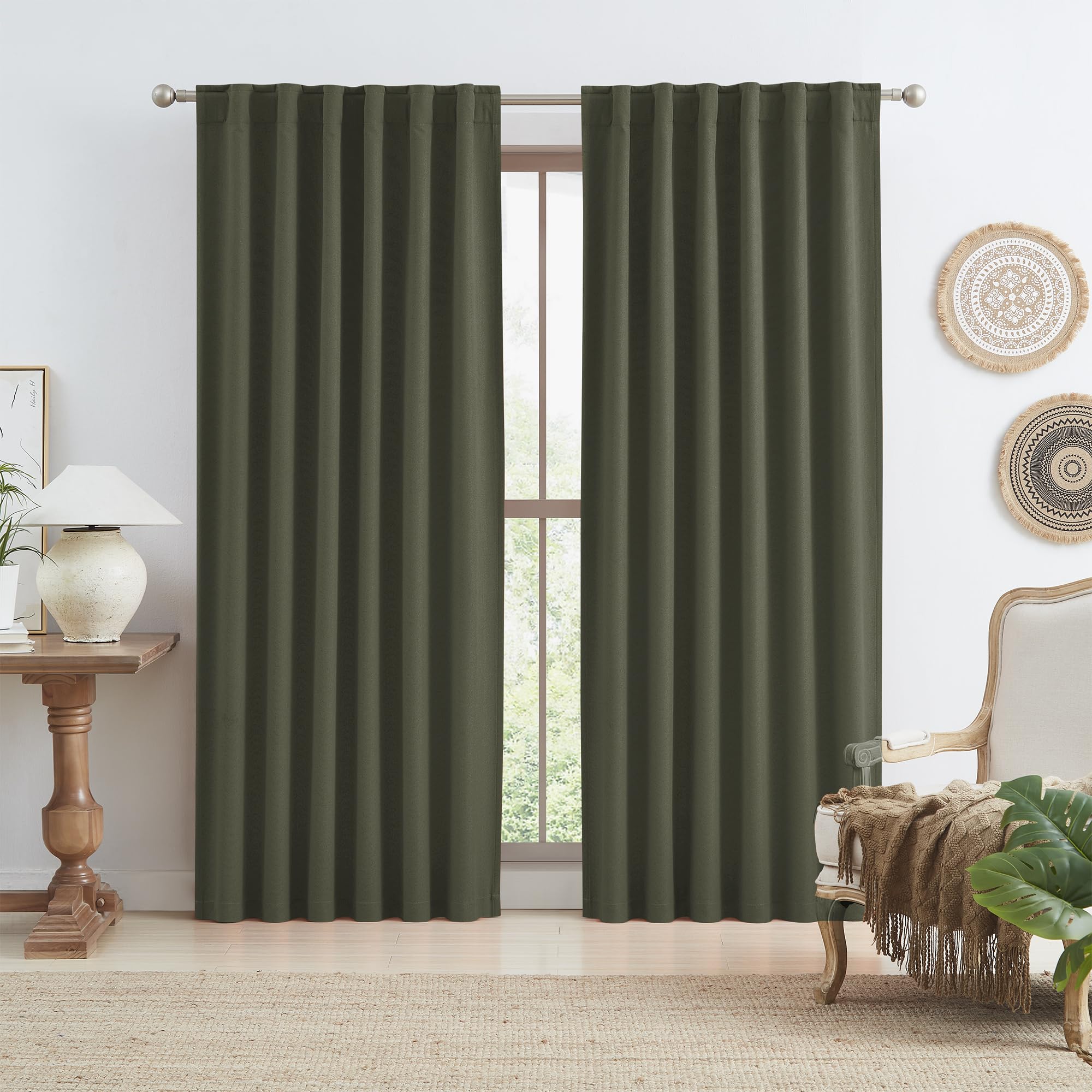 KEQIAOSUOCAI Dark Olive Green Blackout Curtains 84 Inches Long 2 Panels Set- Faux Linen Textured Black Out Thermal Insulated Noise Reduction Winodw Draper for Bedroom and Living Room 50x84-in