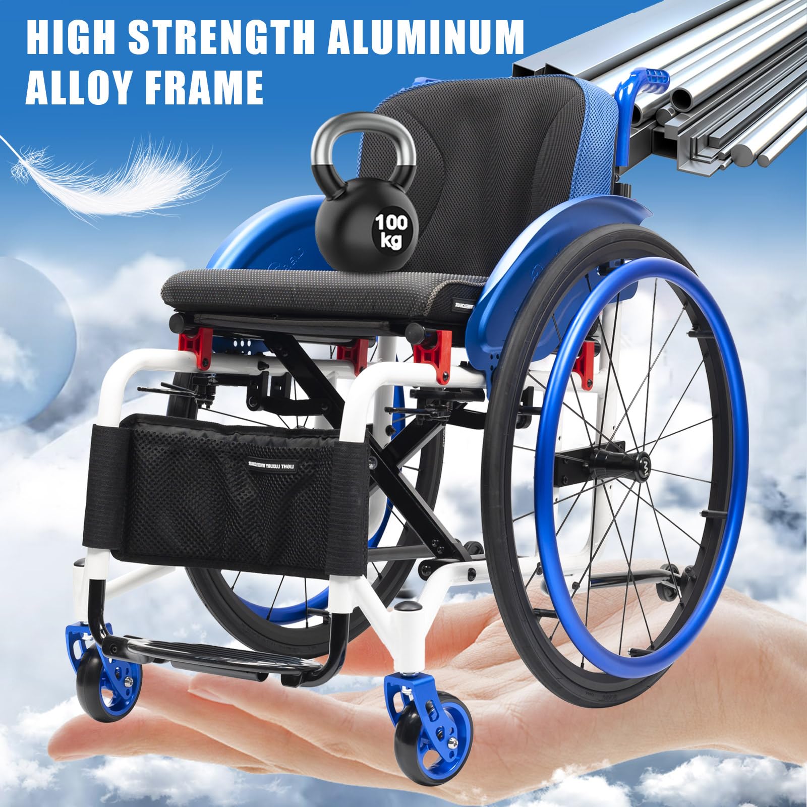 Silla De Ruedas Plegable,Silla de Ruedas Deportiva para Adulto,Silla de Ruedas Ligera,marco de aleación de aluminio,Extracción con un botón,Silla de ruedas de tránsito(Seat width 40cm/15.7in,B)