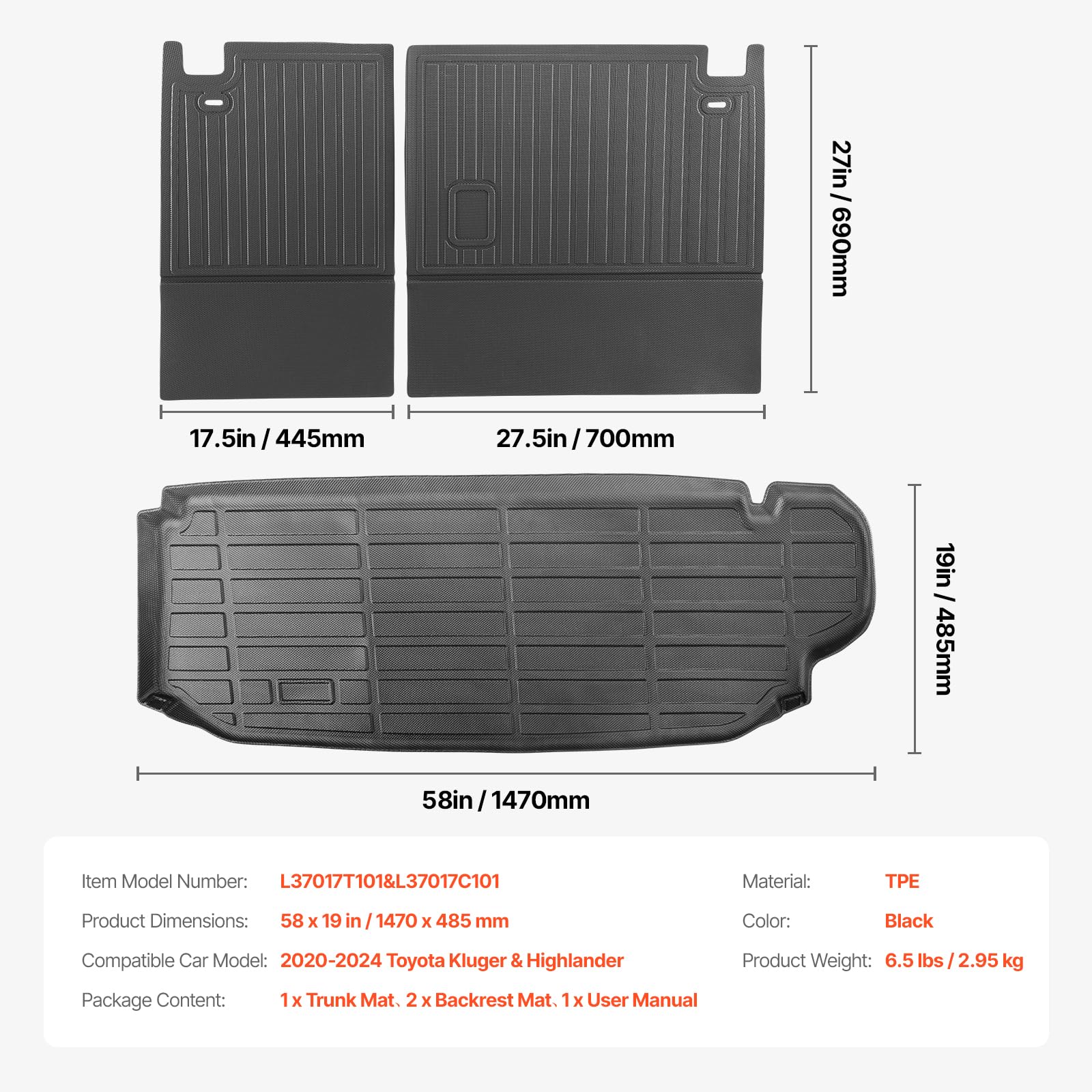 VEVOR Alfombrilla de Carga y Respaldo, Revestimiento de Carga Compatible con Toyota Kluger y Highlander 2020-2024, Protector de Respaldo de TPE para Todo Tipo de Clima, Cómodo y Seguro, Negro
