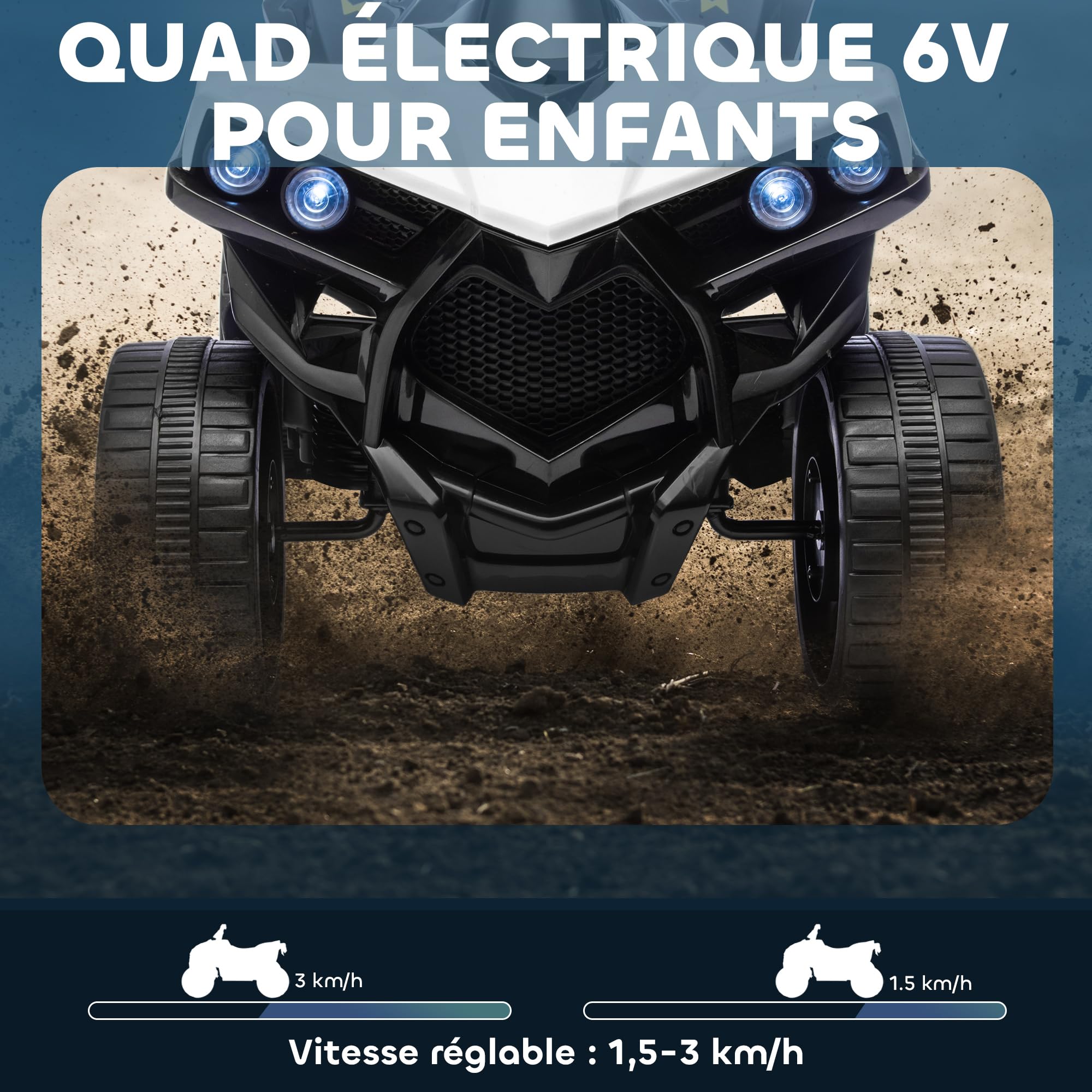 AIYAPLAY Quad Électrique Enfant 6V, Voiture Électrique ATV, Musique LED, Vitesse 1,5-3 km/h, 4 Roues, Marche Avant/Arrière, Blanc