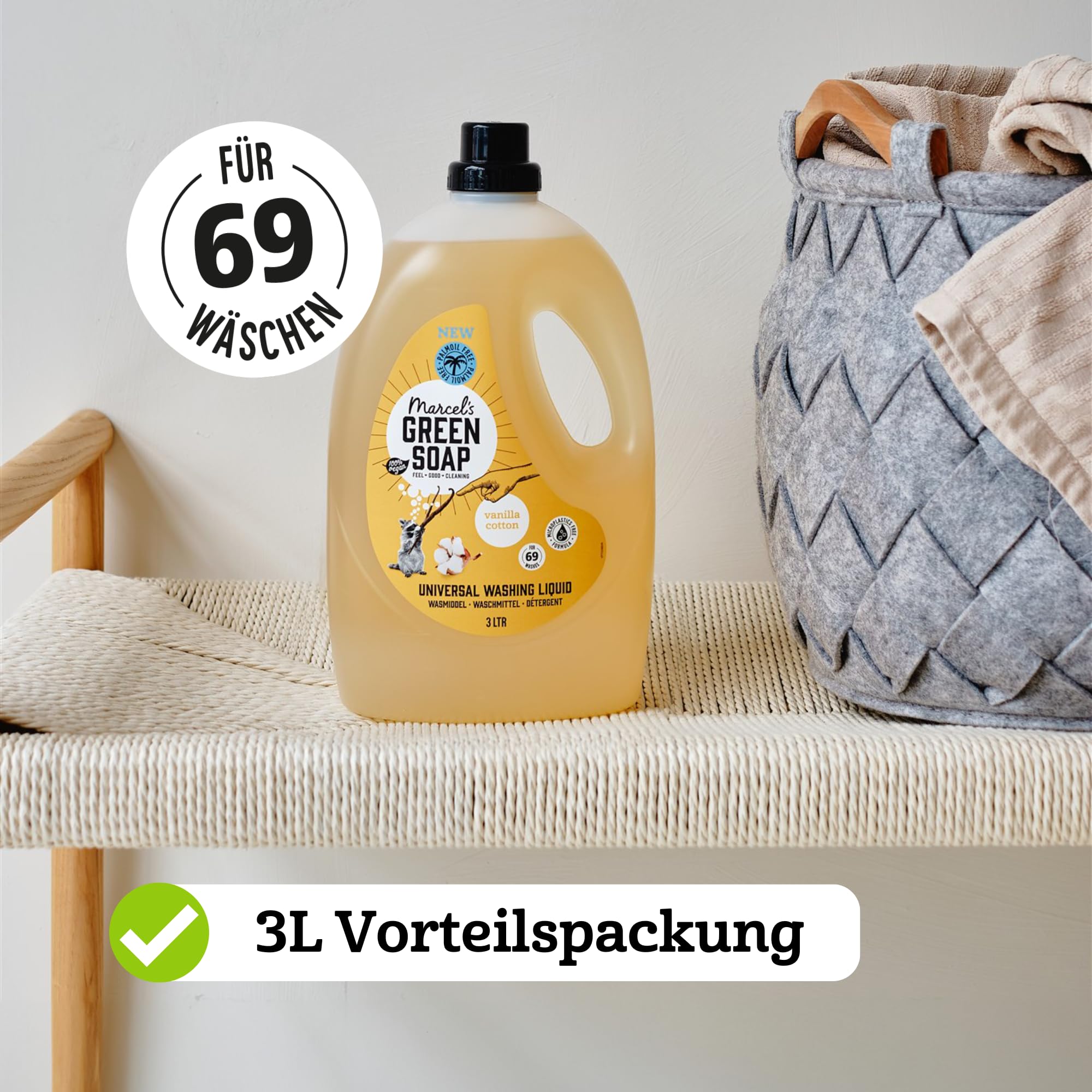 Marcel's Green Soap Universalwaschmittel Vanille & Baumwolle - Vorteilspack - Weiße und bunte Wäsche - Vegan - Mikroplastikfreie Formel - 100% recycelte Plastikflasche - 276 Waschgänge - 3L (4er Pack)