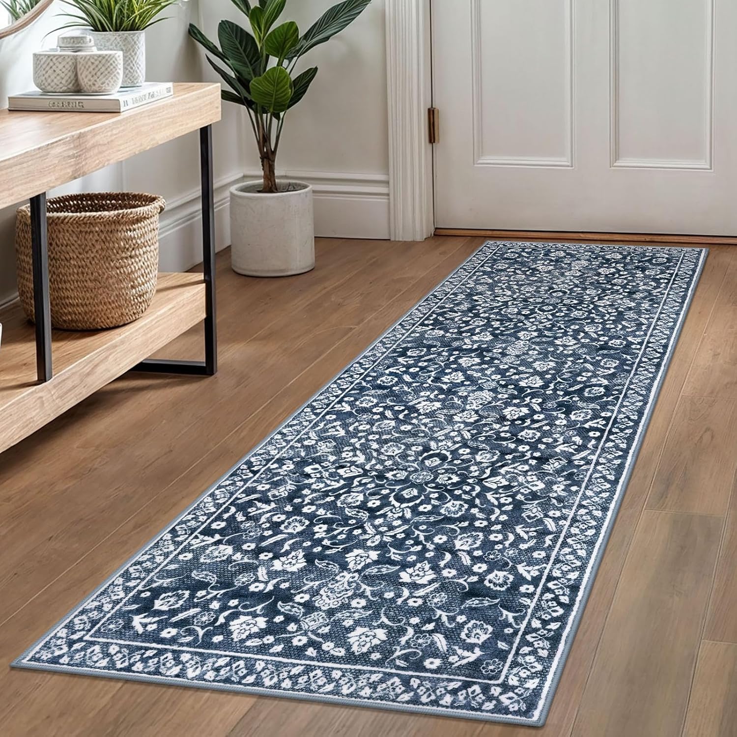 Vintage Washable Runner Rug 2x6, Navy Runners for hallways, Super Soft Kitchen Runner Rug Non Slip, Printed Faux Wool Floral Thin Carpet Runner for Entryway Laundry Room Bedroom 2' x 6' (Runner) Navy and White