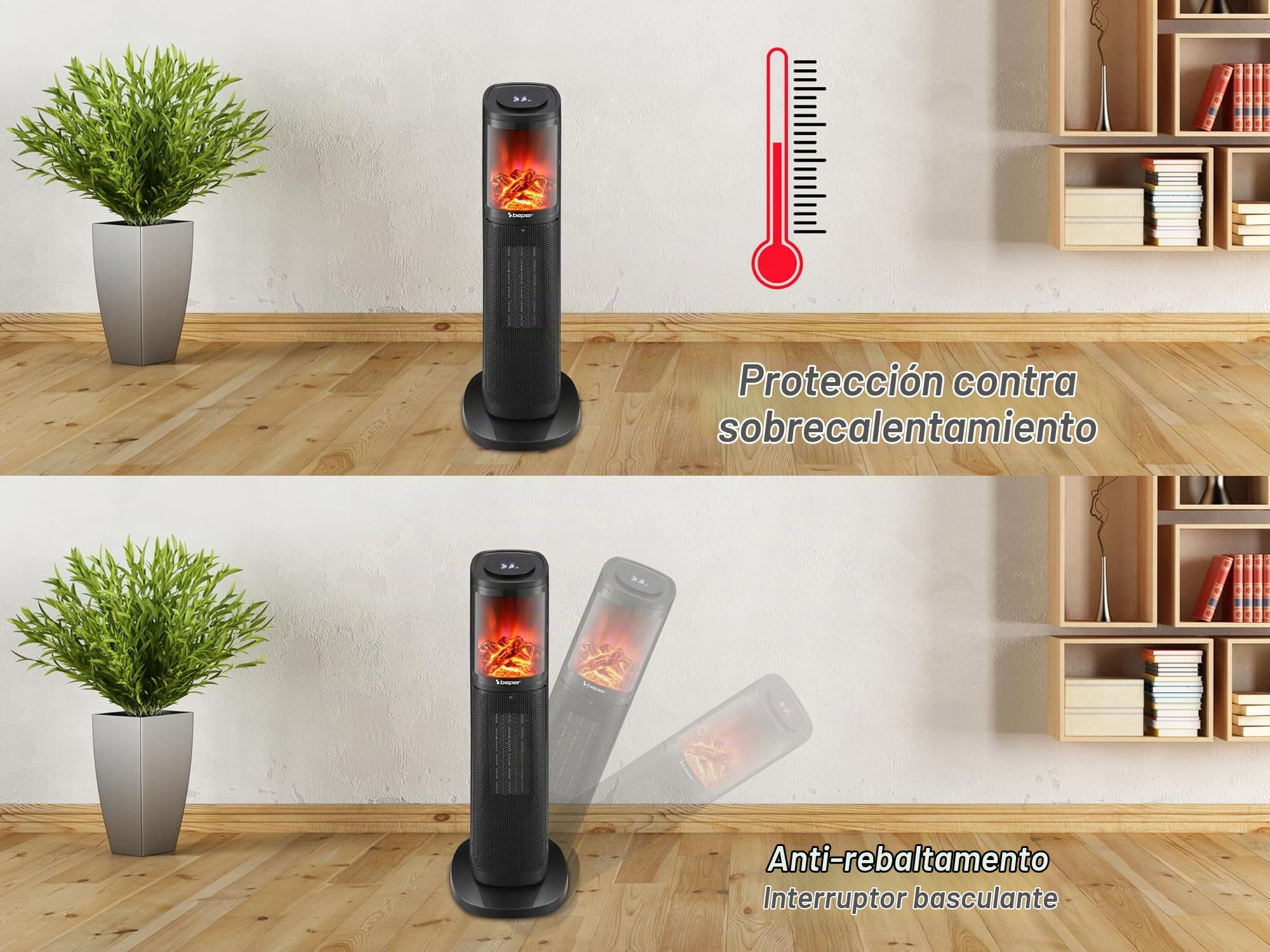 BEPER P203TER010 Termoventilador cerámico de columna, 2000W, Panel de control táctil, Llama LED, Mando a distancia incluido, Negro