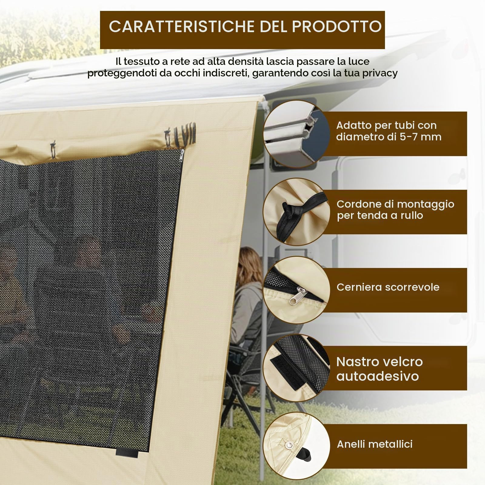 Protezione Solare per Camper Parete Frontale 2X3,7m, Tenda Universale