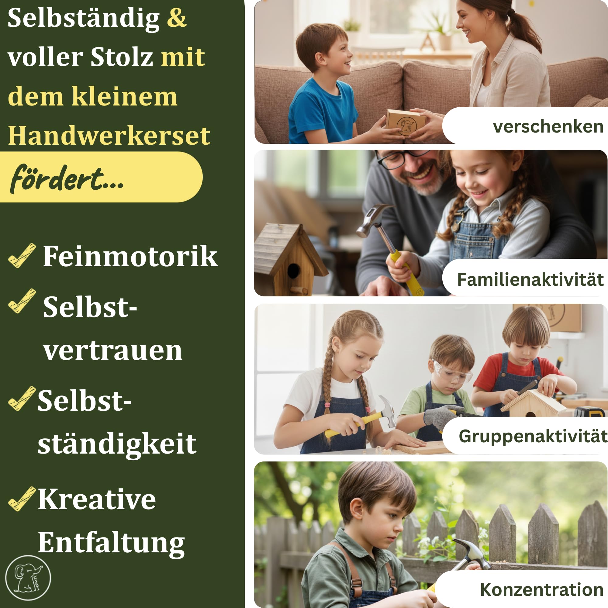Eli® Kinderwerkzeug Set ab 6 Jahre inkl Kindersäge - Hammer - Holzraspel - Schutzhandschuhe - echtes Werkzeug Set für alle junge Baumeister und Bauarbeiter - Säge für Kinder - Geschenkidee