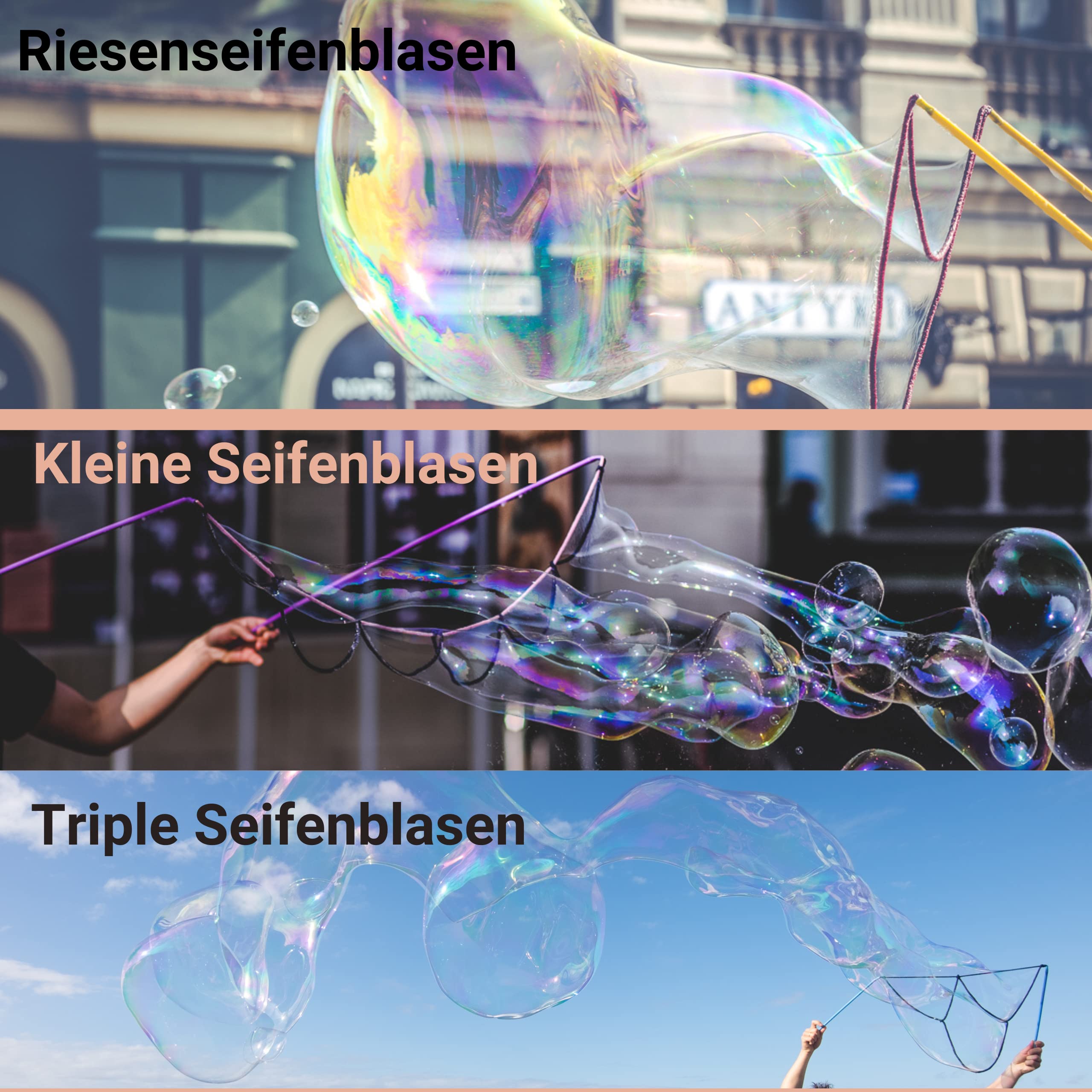Bubble Brothers Riesenseifenblasen Set 3 Stäbe 5L Seifenblasenflüssigkeit 50cm für Kinder