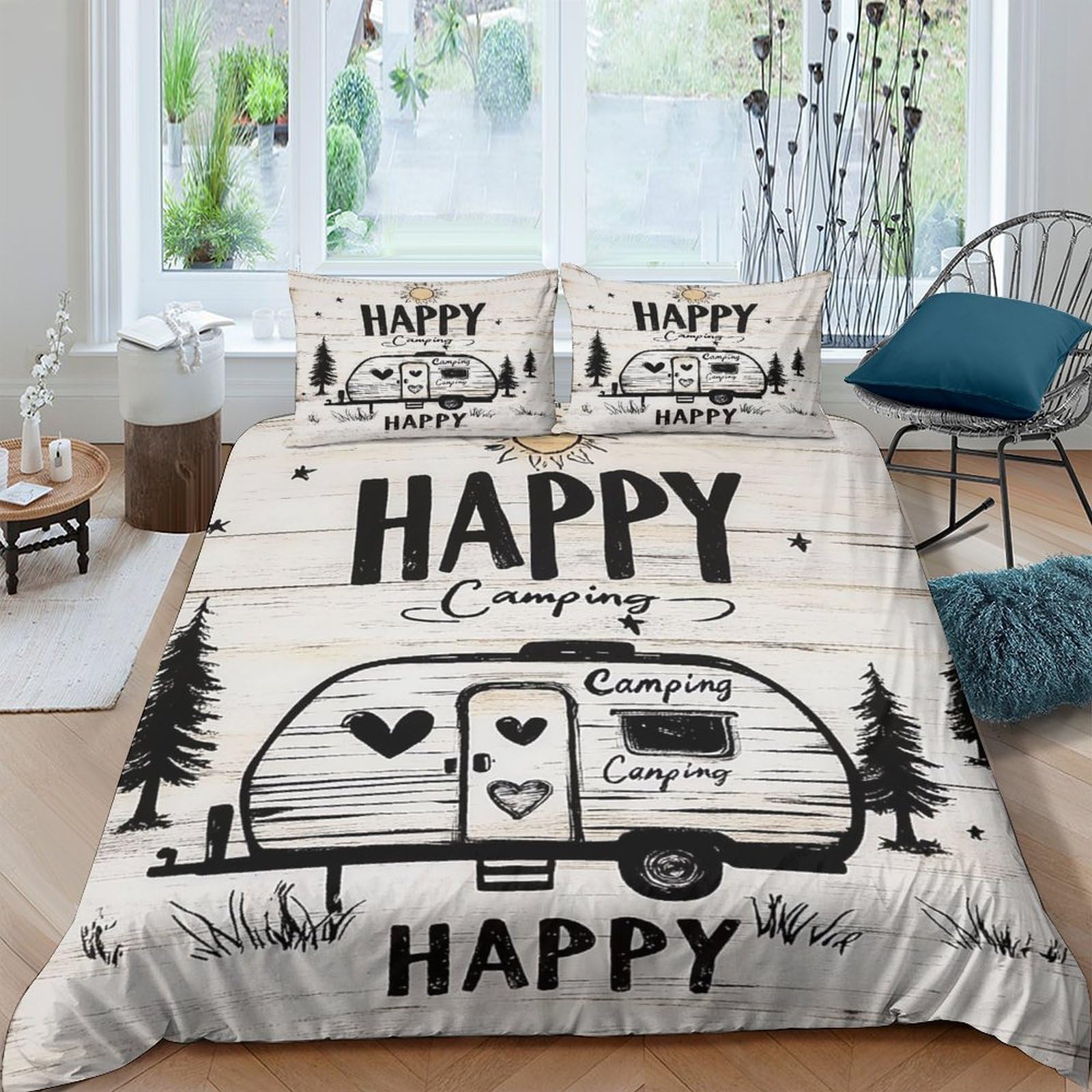 GPLZQXKJNH 3D Printed Happy Camping Duvet Cover Microfiber Soft Camper Caravan Bedding Set with 2 Pillowcases for Bedroom Decor Single（135x200cm）