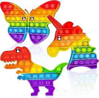 Pop Its Fidget Toys Pack 3 - Stress Relief Rainbow Poppers Fidget Poppet Toy - Autism Learning Butterfly Unicorn Dinosaur Popits Push Pop Bubble Popping Sensory Toy for Kids