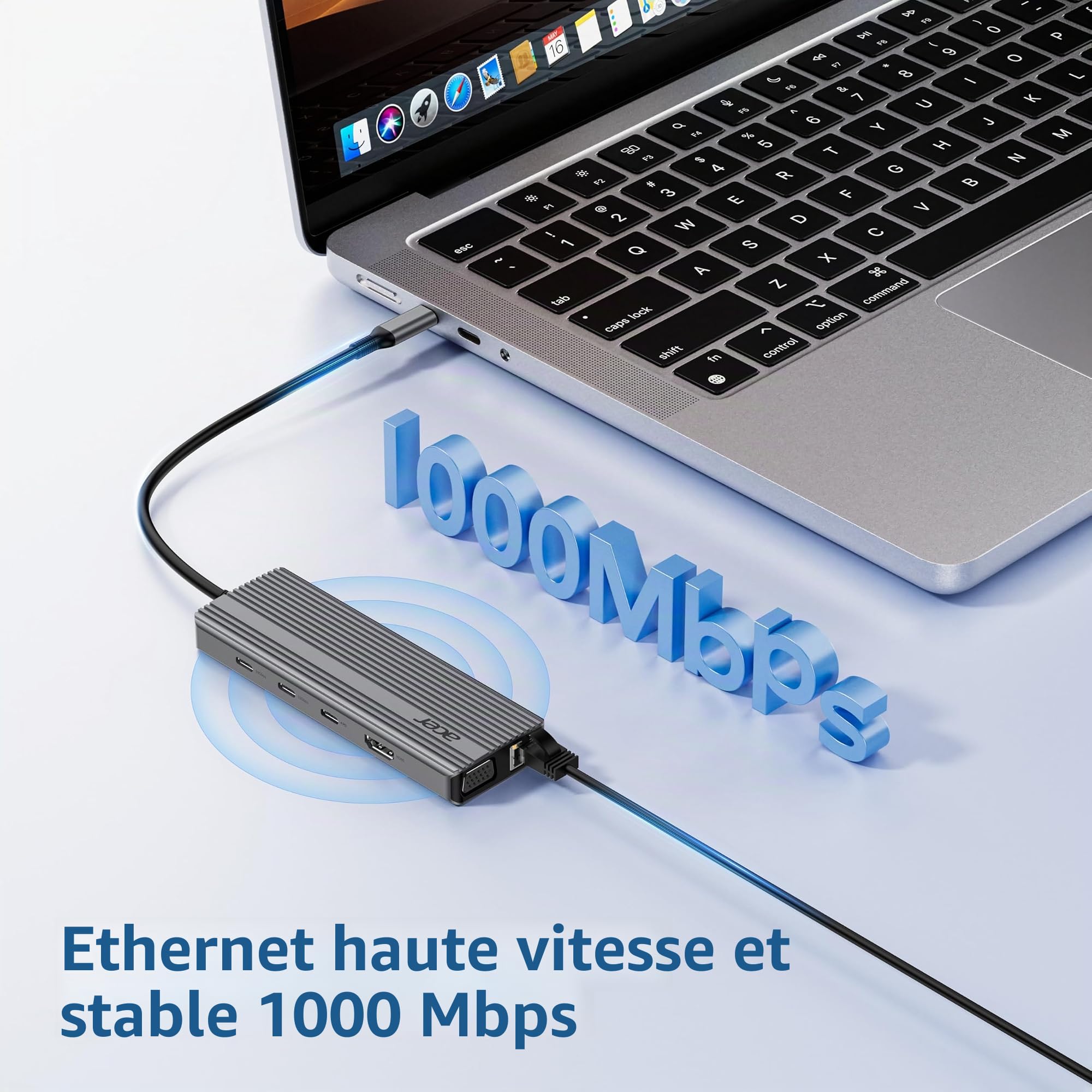 acer Hub USB C 11 en 1, Station d'accueil avec HDMI 4K@60Hz, VGA 1080P | USB C Docking Station avec 2 Ports USB-C 10Gbps, 2 Ports USB-A 5Gbps, Port PD 100W, Ethernet 1Gbps, Carte SD/TF, pour PC