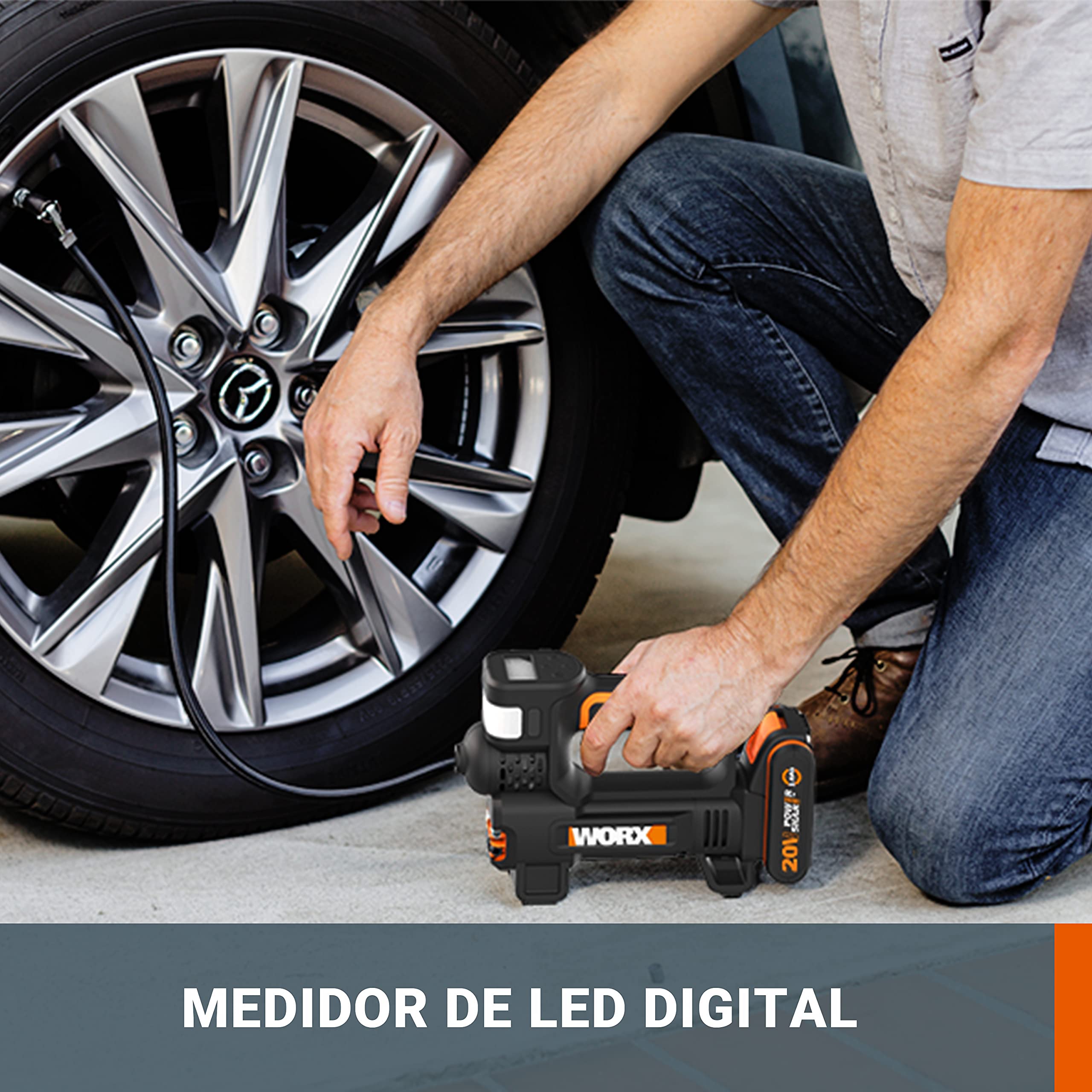 WORX 18V(20V MAX) Inflador sin Cable, Powershare, Potente Luz Led y Luz de Emergencia SOS, Alta Presión Máx. 150 PSI, 1 Batería incluida, WX092