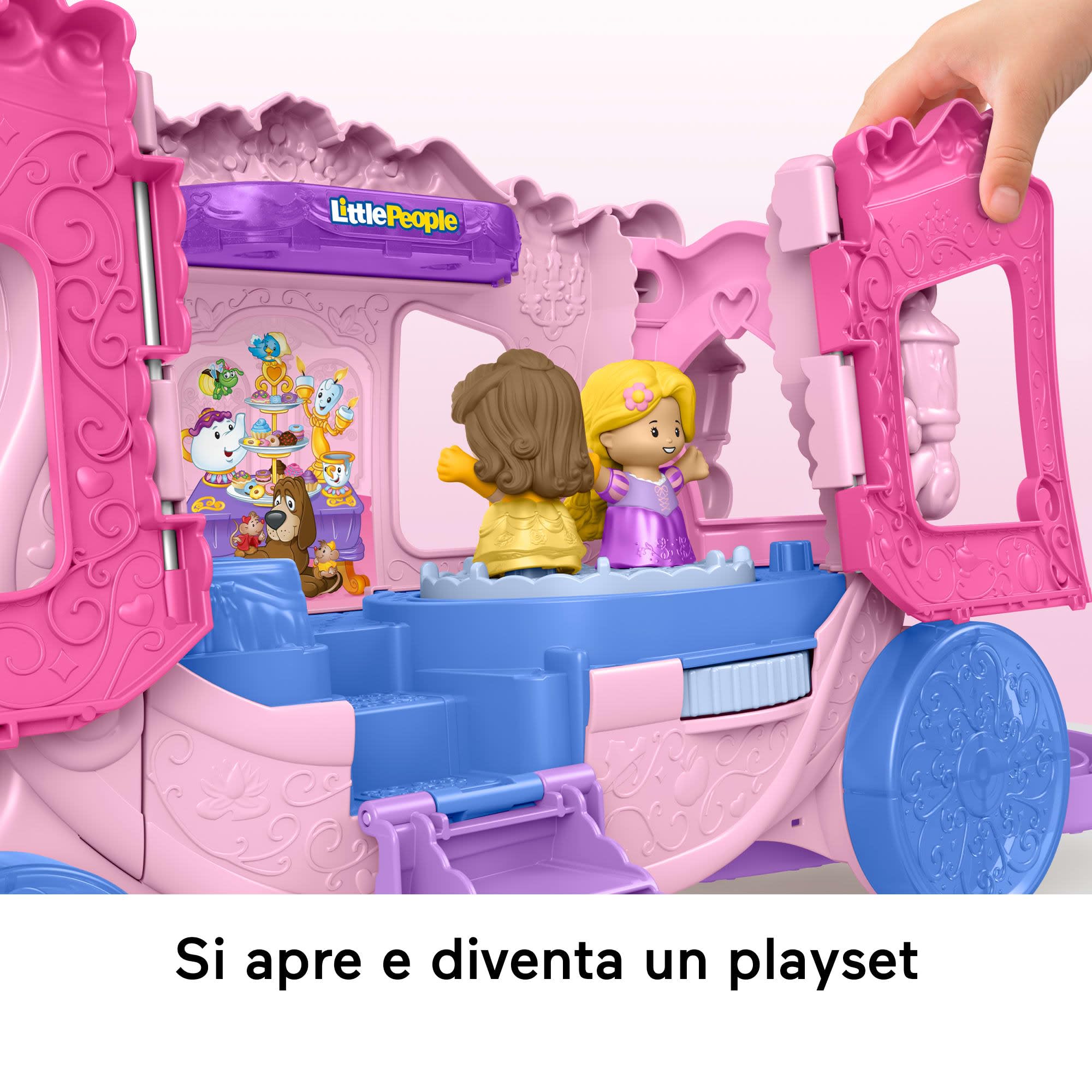 Fisher-Price Little People Disney Princess - Carrozza Musicale, set trainabile 2 in 1 con luci e suoni, personaggi di Belle e Rapunzel inclusi, giocattolo per bambini, 1+ anni, JCW72