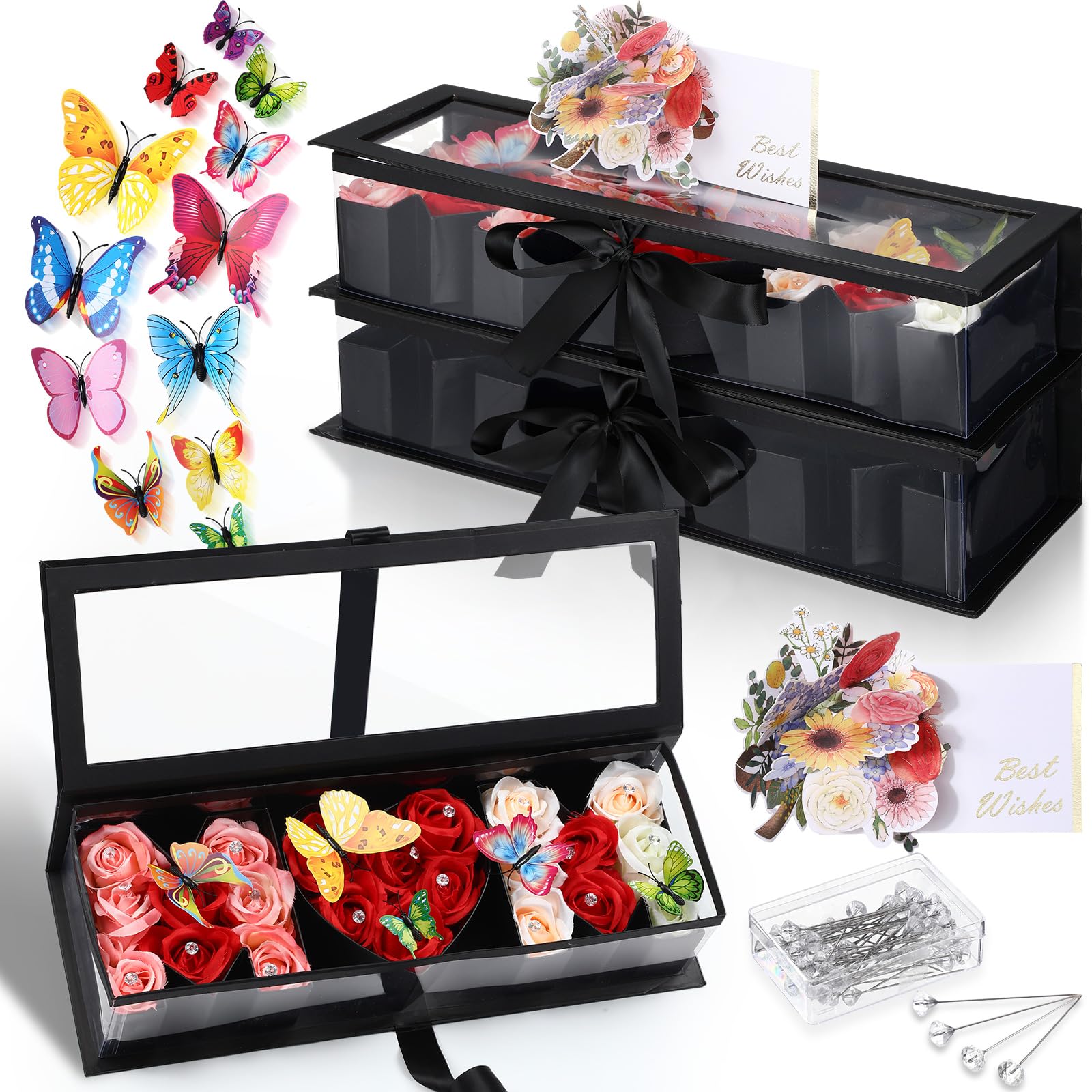 Gilprop 2 Sets Mom Flower Box Mom Fillable Box Mom Letter Shaped Letter Gift Box with 2 Pcs 3D Best Wish Card 50 Crystal Bouquet Pins 24 3D Butterfly for Luxury Style Flower Gift Arrangements