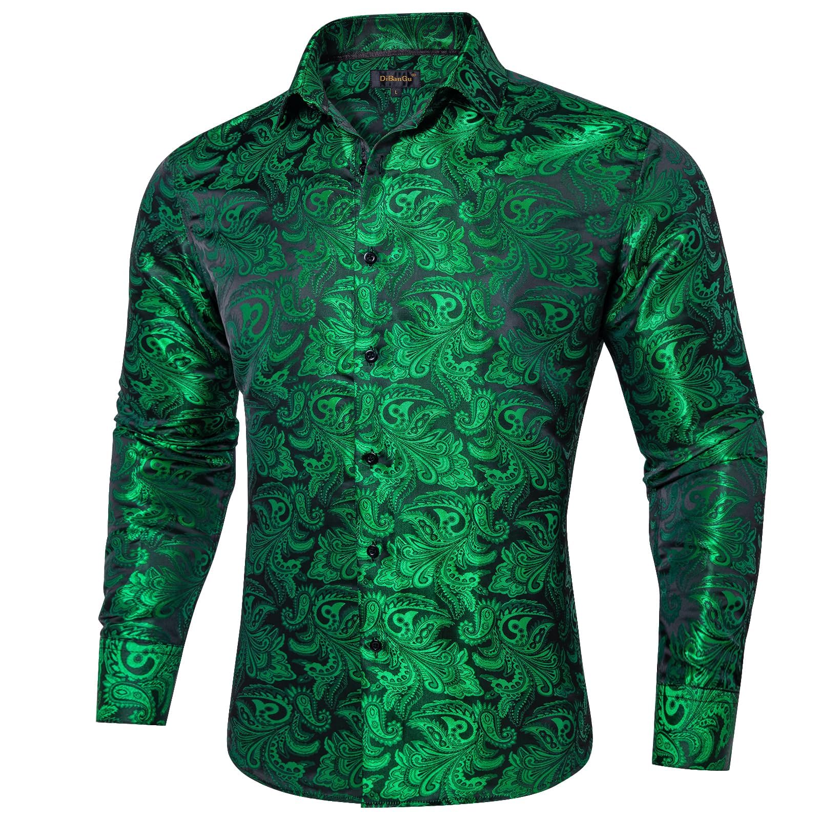 DiBanGu Silk Paisley Dress Shirts for Men Long Sleeve Button Down Shirt Casual Regular Fit Mens Shirts Wedding Party